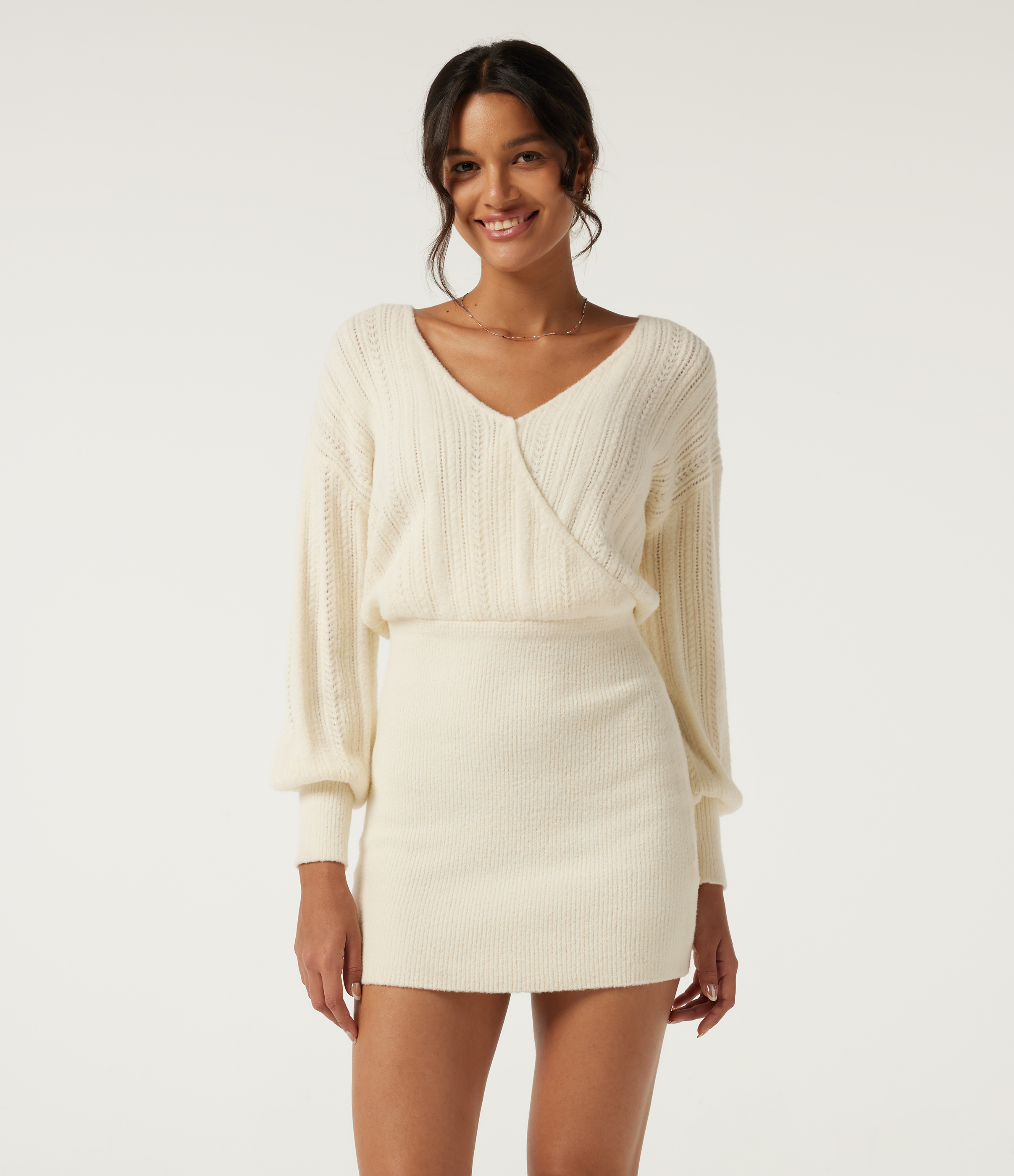 V Neck Long Sleeve Casual Sweater Mini Dress