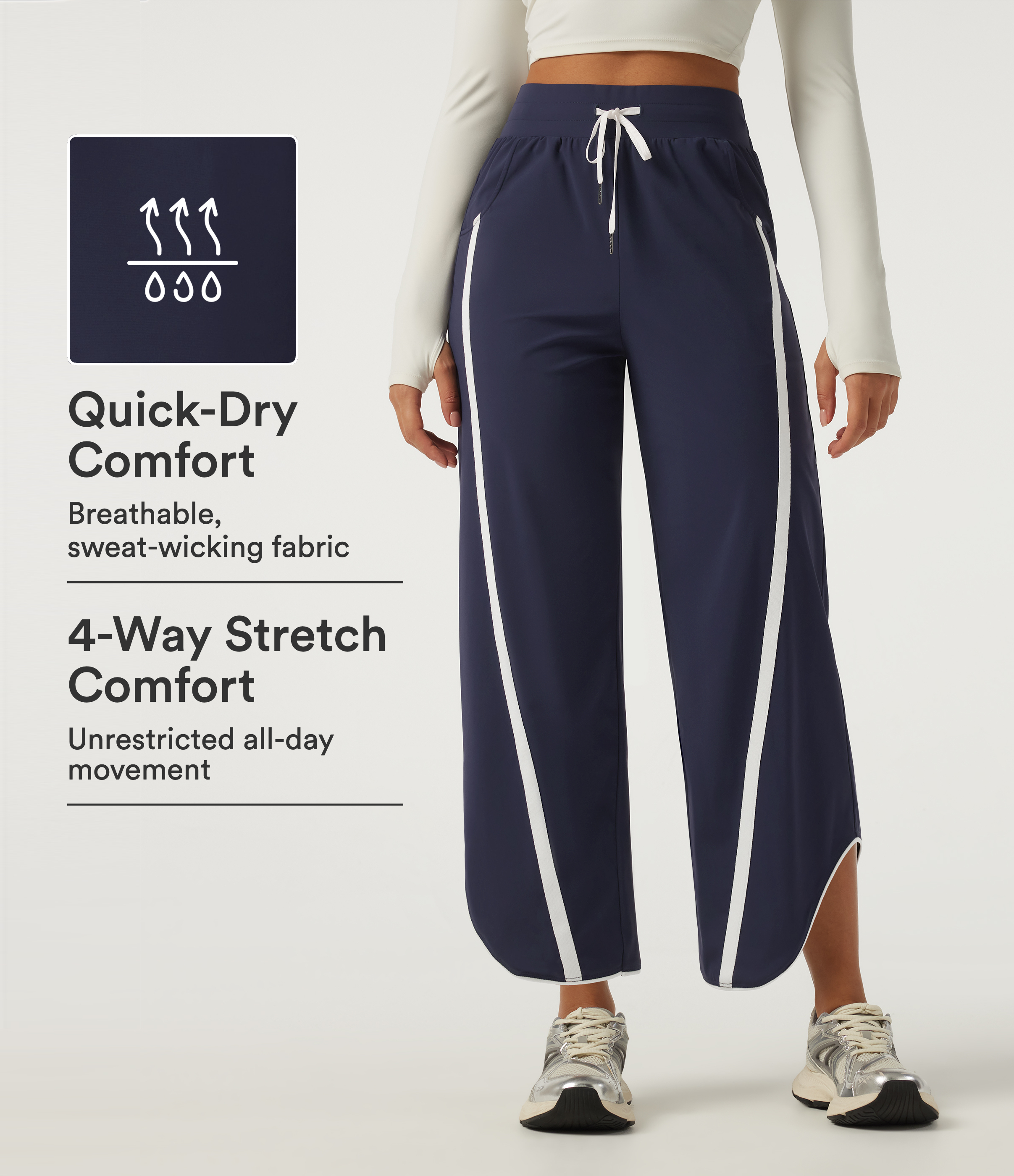 High Waisted Drawstring Wide Leg Curved Hem Color Block Quick Dry InstantCool Tennis Pants with Pockets-UPF40+ 