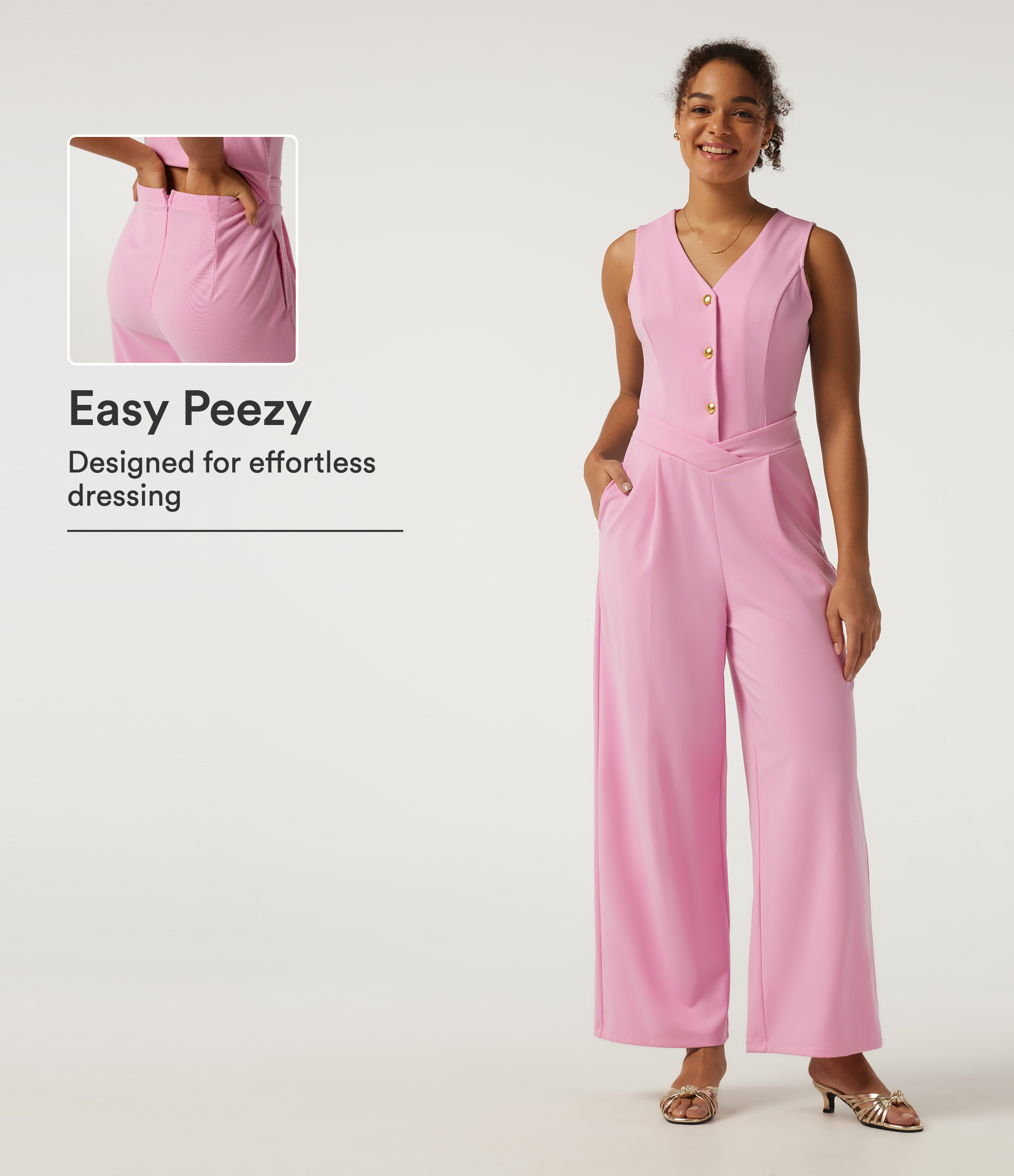 Combinaison de travail sans manches à encolure en V, jambes larges, avec poches - Édition Easy Peezy