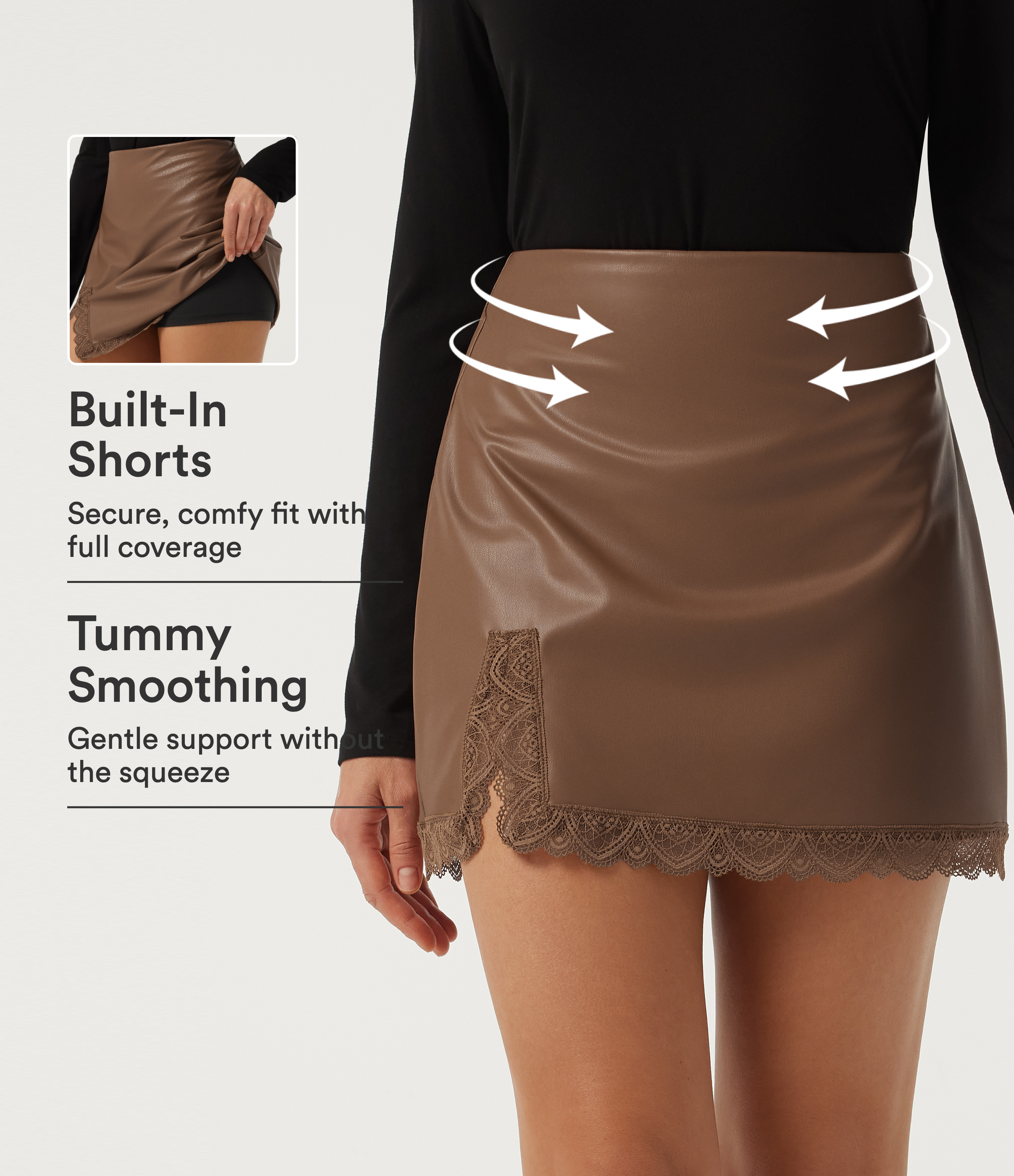 High Waisted Tummy Control Contrast Lace Fleece Party PU Leather Mini Skirt with Built-in Shorts