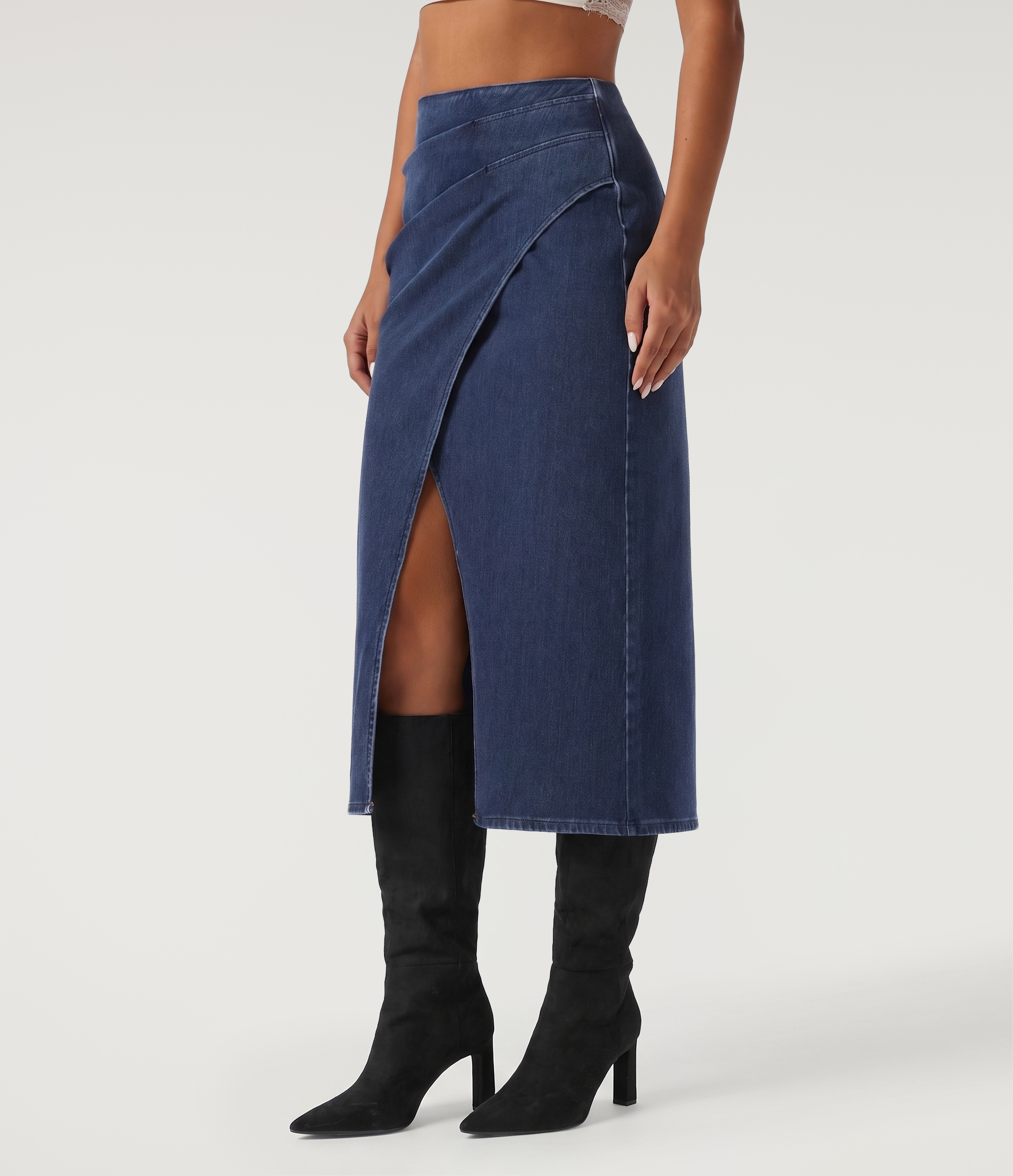 Halara Flex™ hoch taillierter, plissierter Bleistift-Midirock aus Baumwoll-Denim, lässig