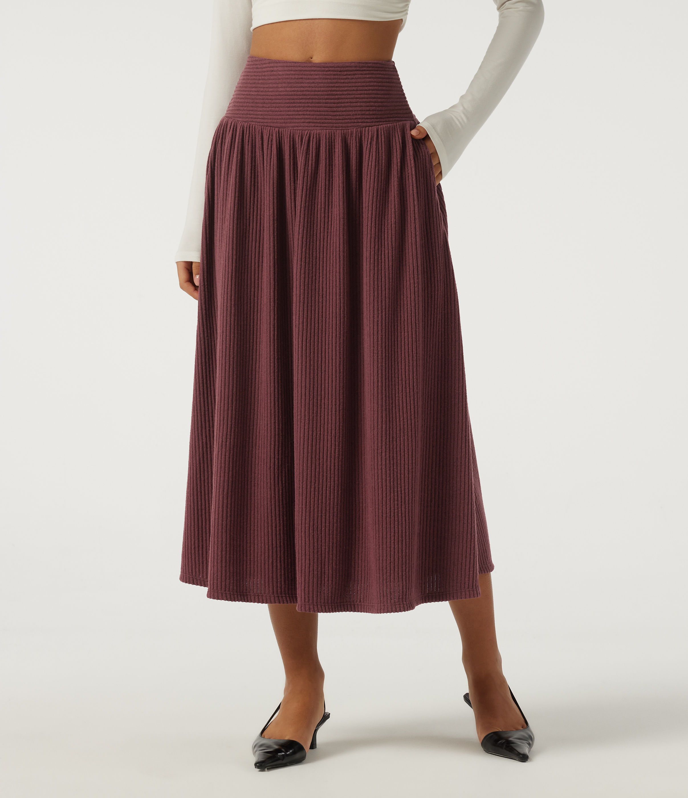 Ribbed Knit High Waisted A-Line Casual Midi Skirt with Pockets