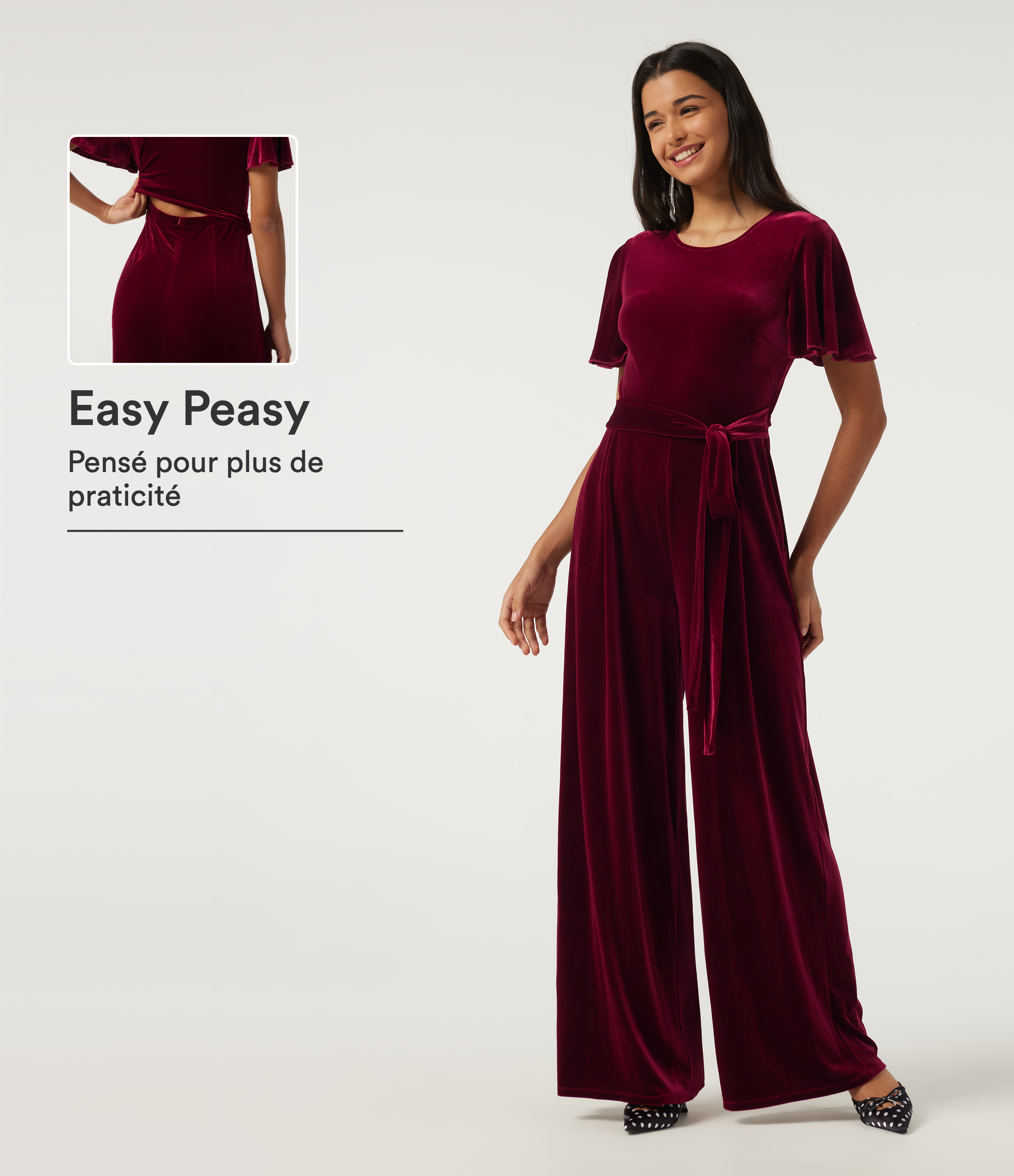 Combinaison pantalon de soirée en velours accès facile Easy Peasy avec manches à volants et poches