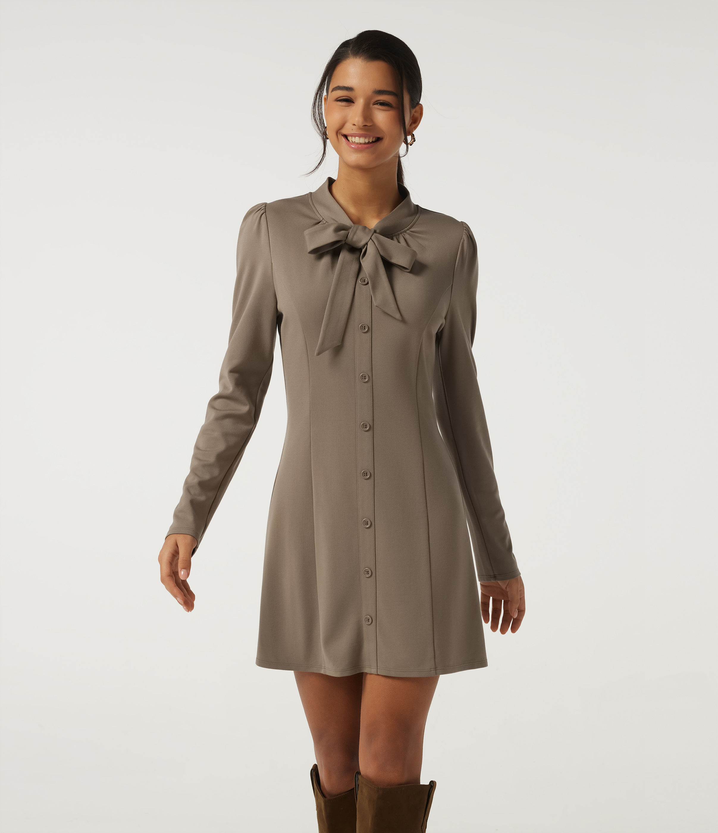 Mock Neck Long Sleeve Tie Front Mini Work Dress