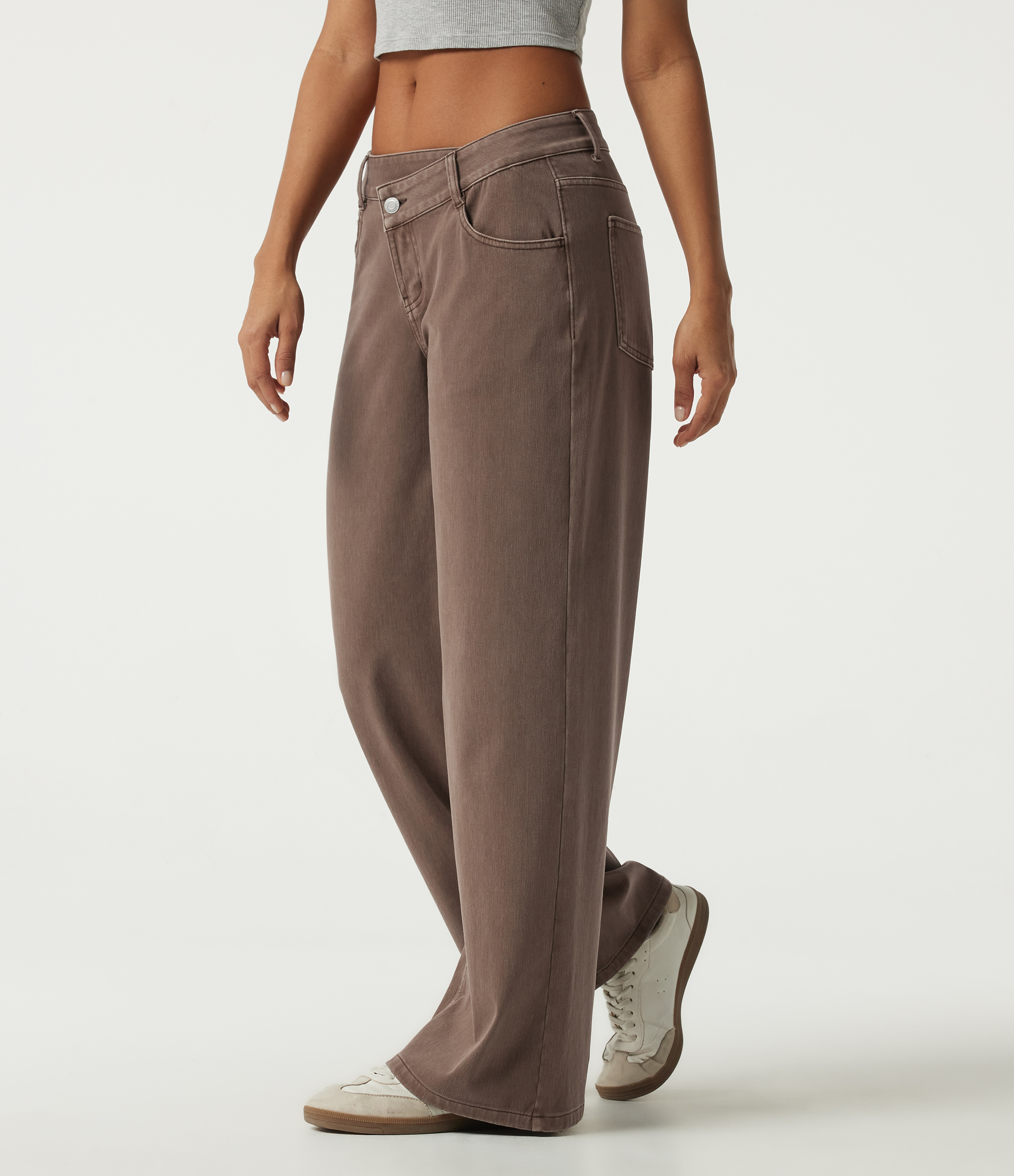 Malt Dune Brown Halara Flex™ Low Rise Asymmetric Wide Leg Colorful Casual Jeans with Pockets / 2