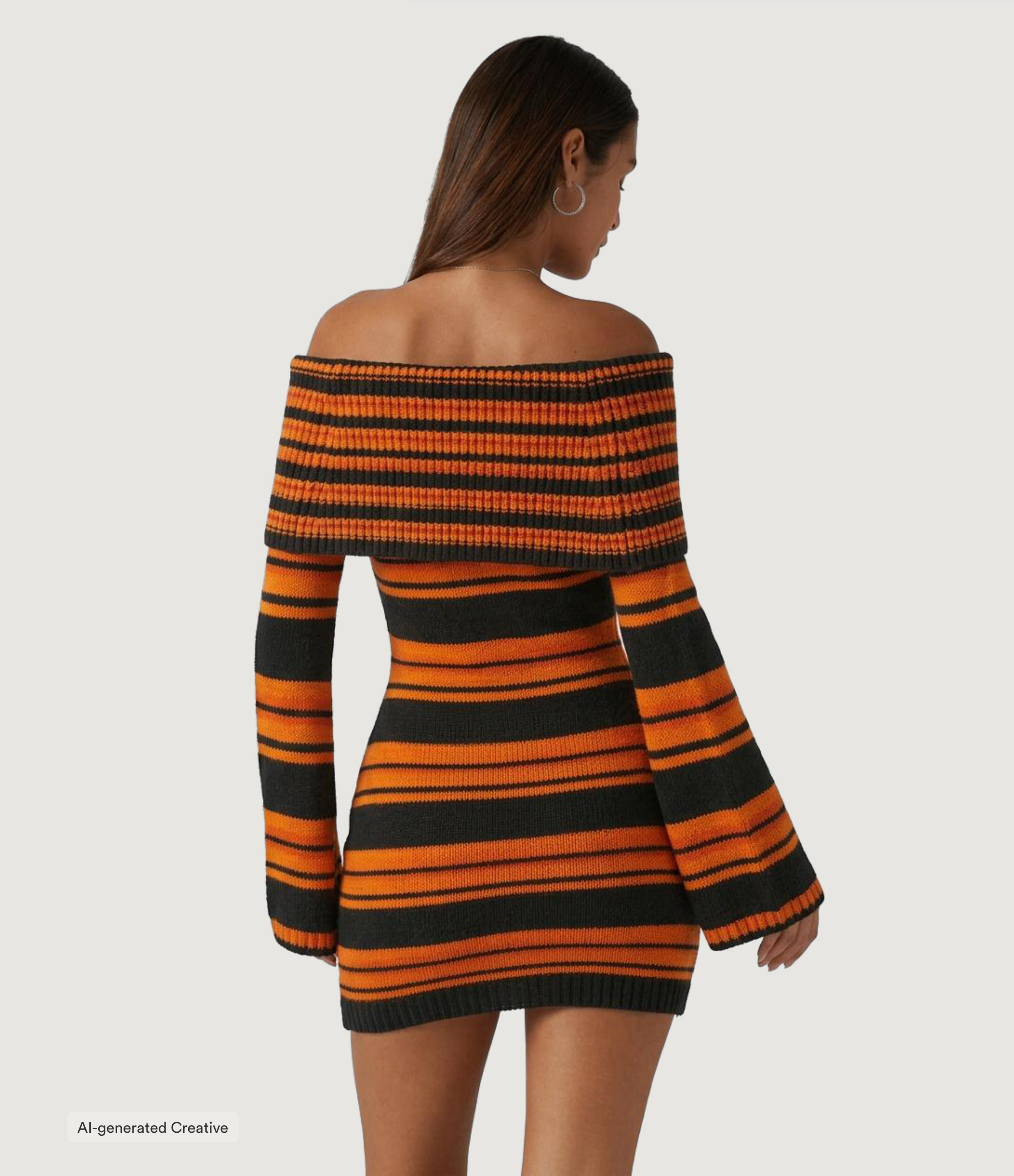 Rust Orange Stripe Off Shoulder Long Sleeve Stripe A-Line Bodycon Casual Mini Sweater Dress / 2