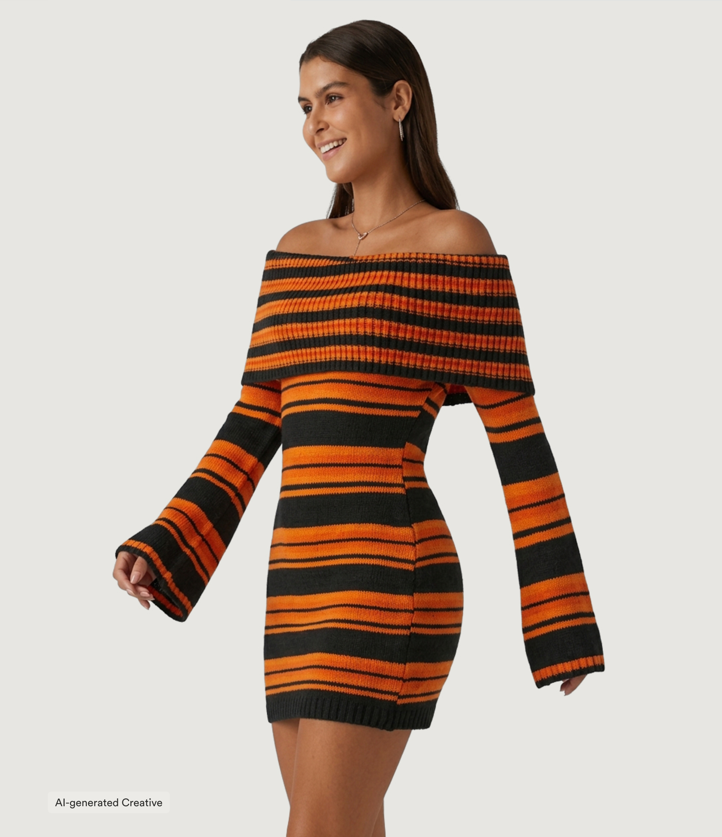 Off Shoulder Long Sleeve Stripe A-Line Bodycon Casual Mini Sweater Dress