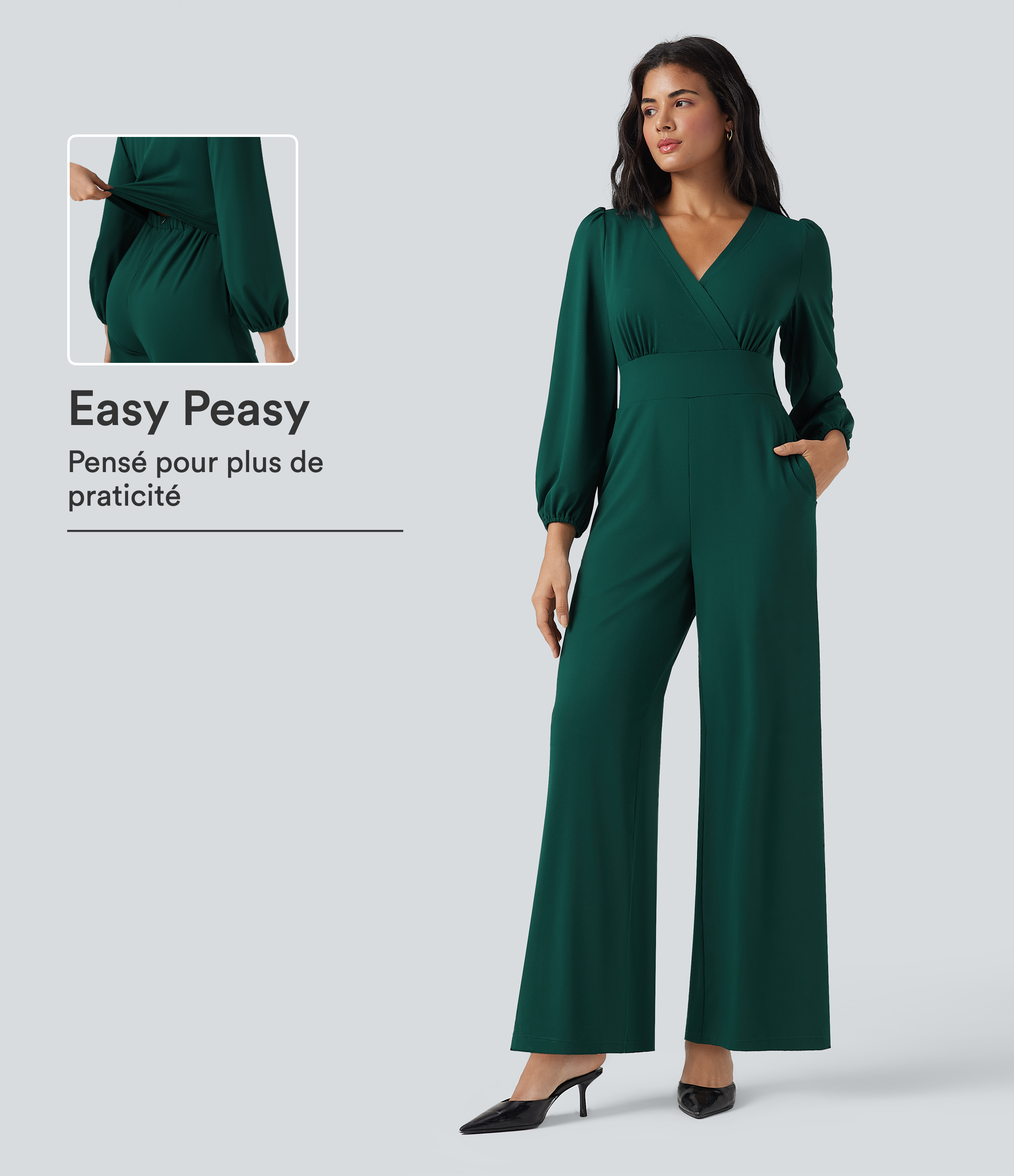 Combinaison tailleur à jambes larges, col V, manches longues, avec poches – Édition Easy Peasy