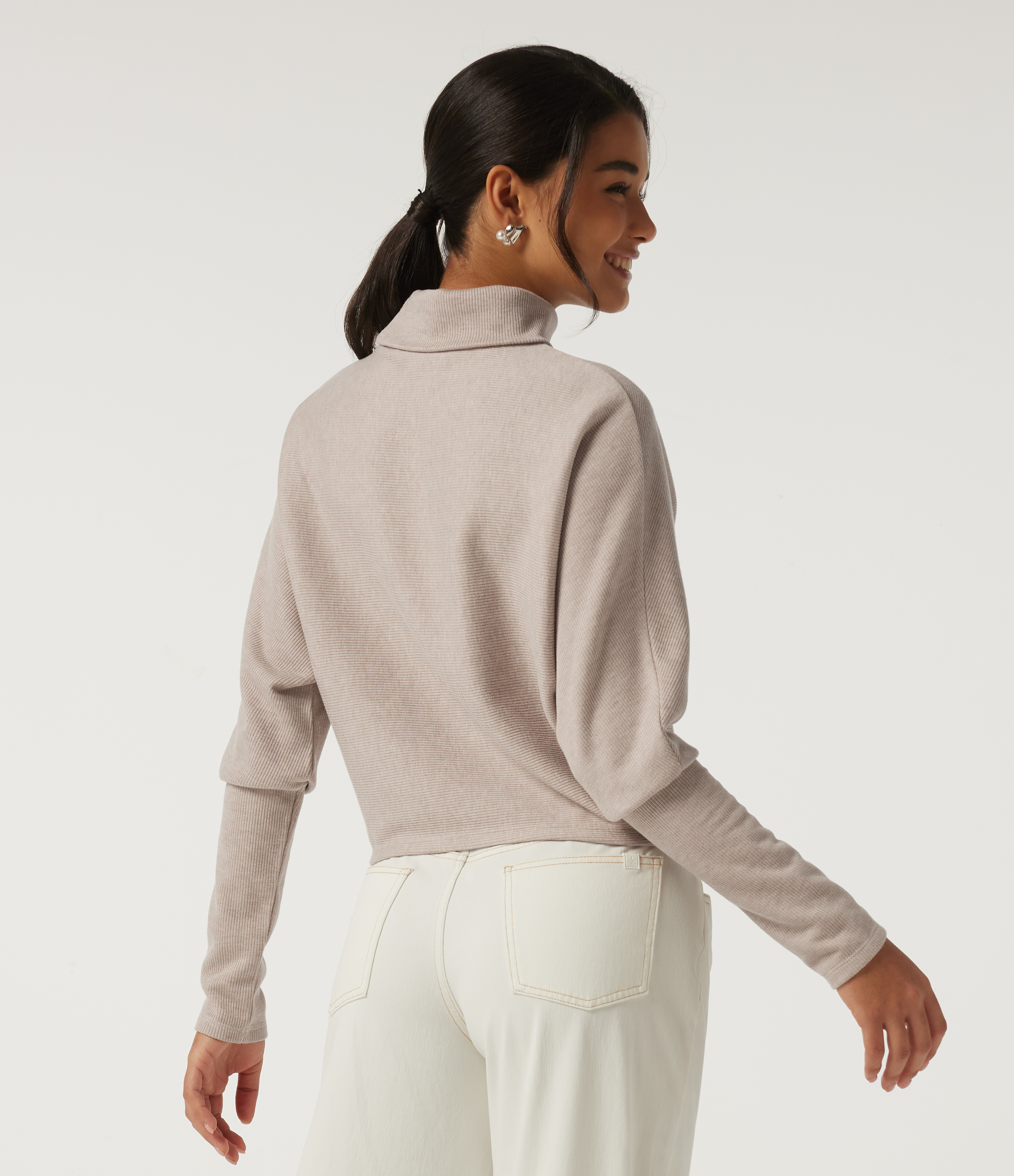 Oatstone Beige Ribbed High Neck Batwing Long Sleeve Casual Top / 2