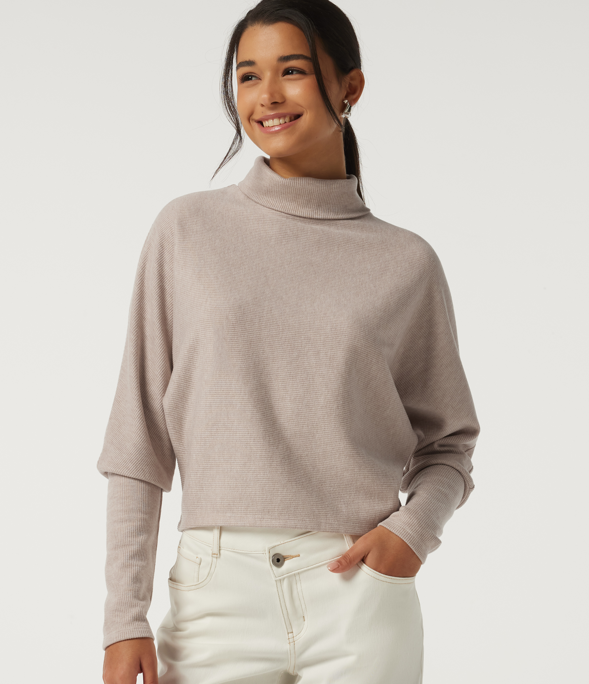 Ribbed High Neck Batwing Long Sleeve Casual Top