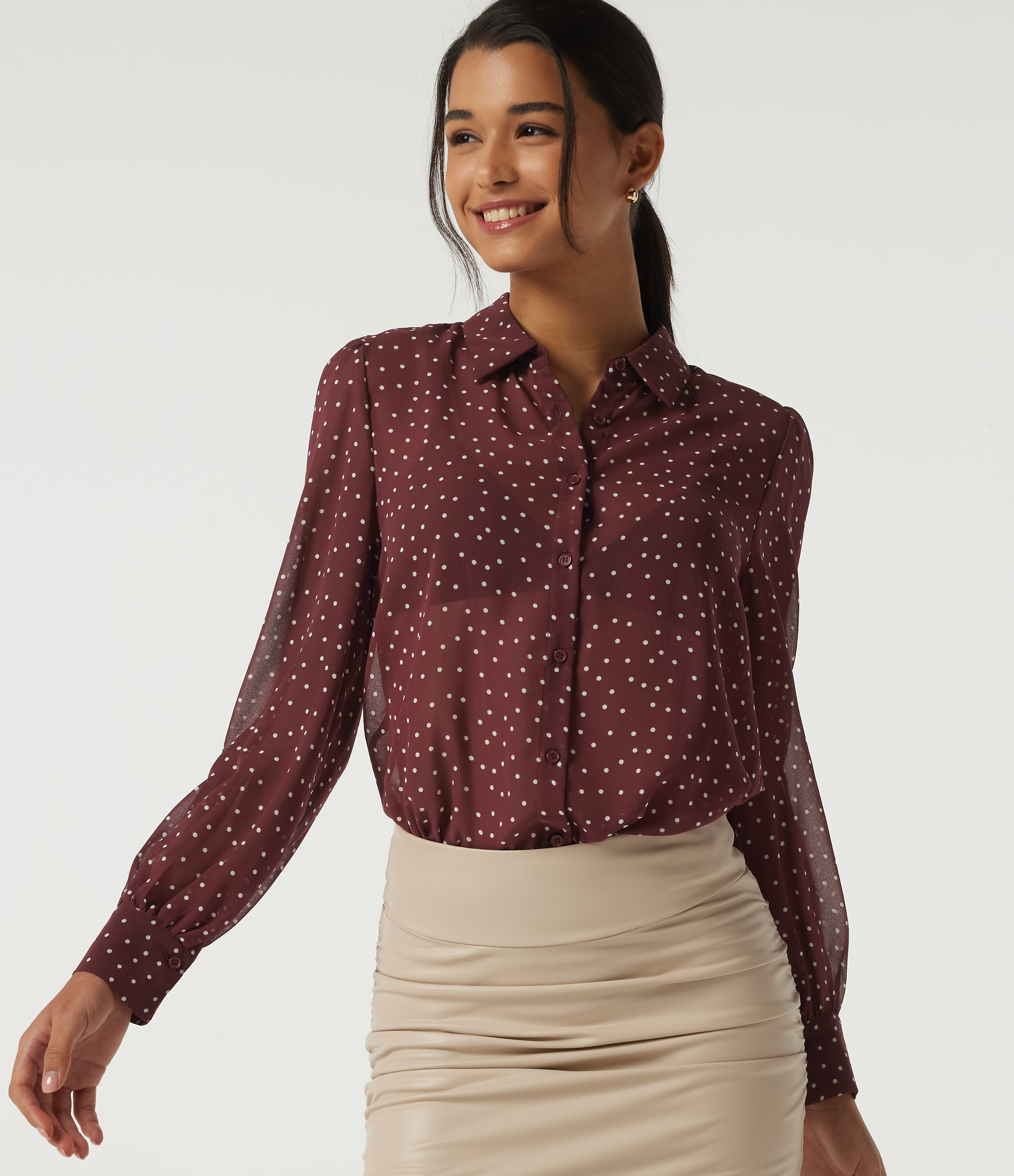 Long Sleeve Polka Dot Casual Chiffon Shirt