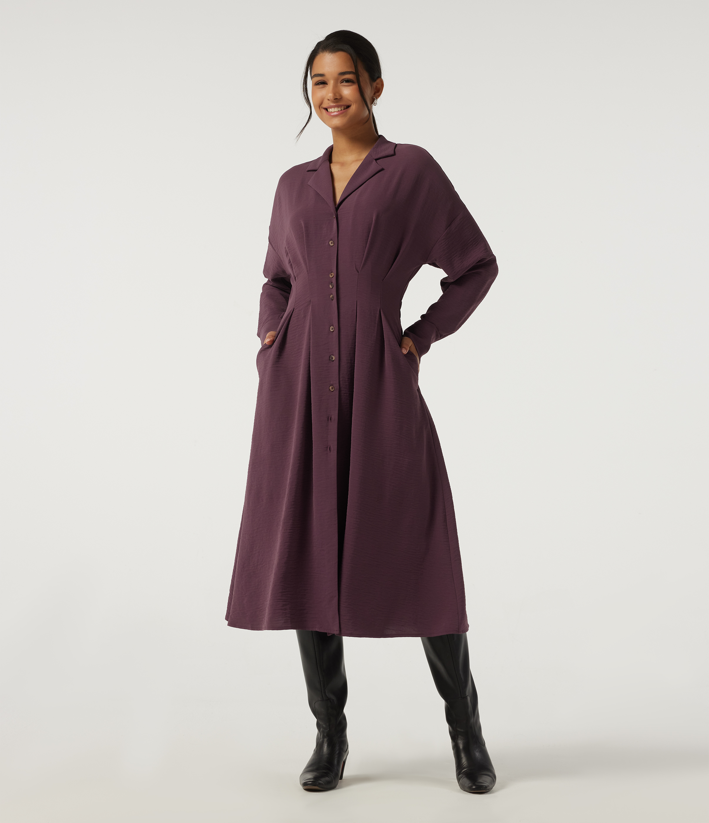 Lapel Long Sleeve Linen-Feel Casual Midi Dress with Pockets