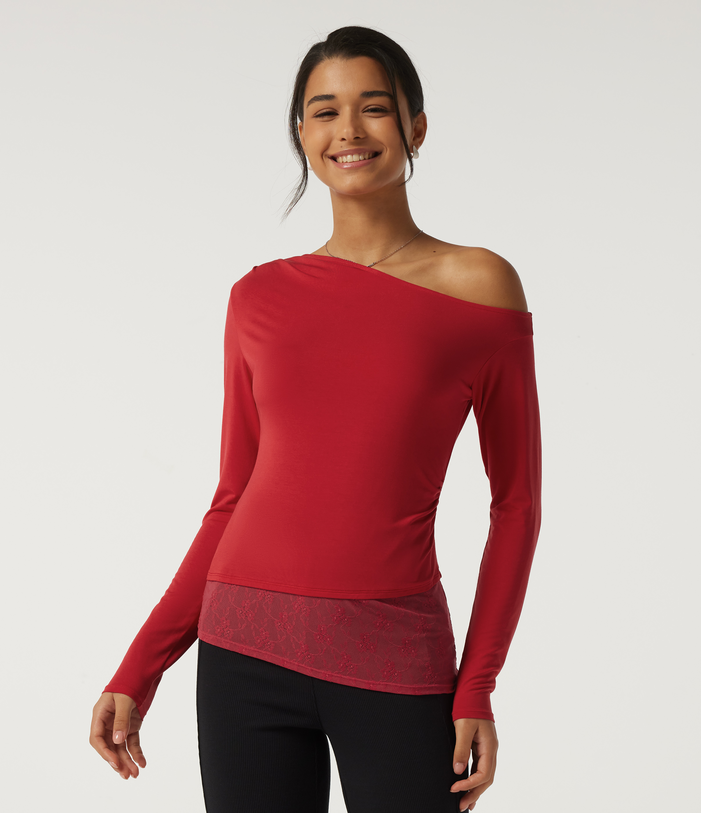 One Shoulder Long Sleeve Slim Ruched Contrast Lace Asymmetric Casual Top