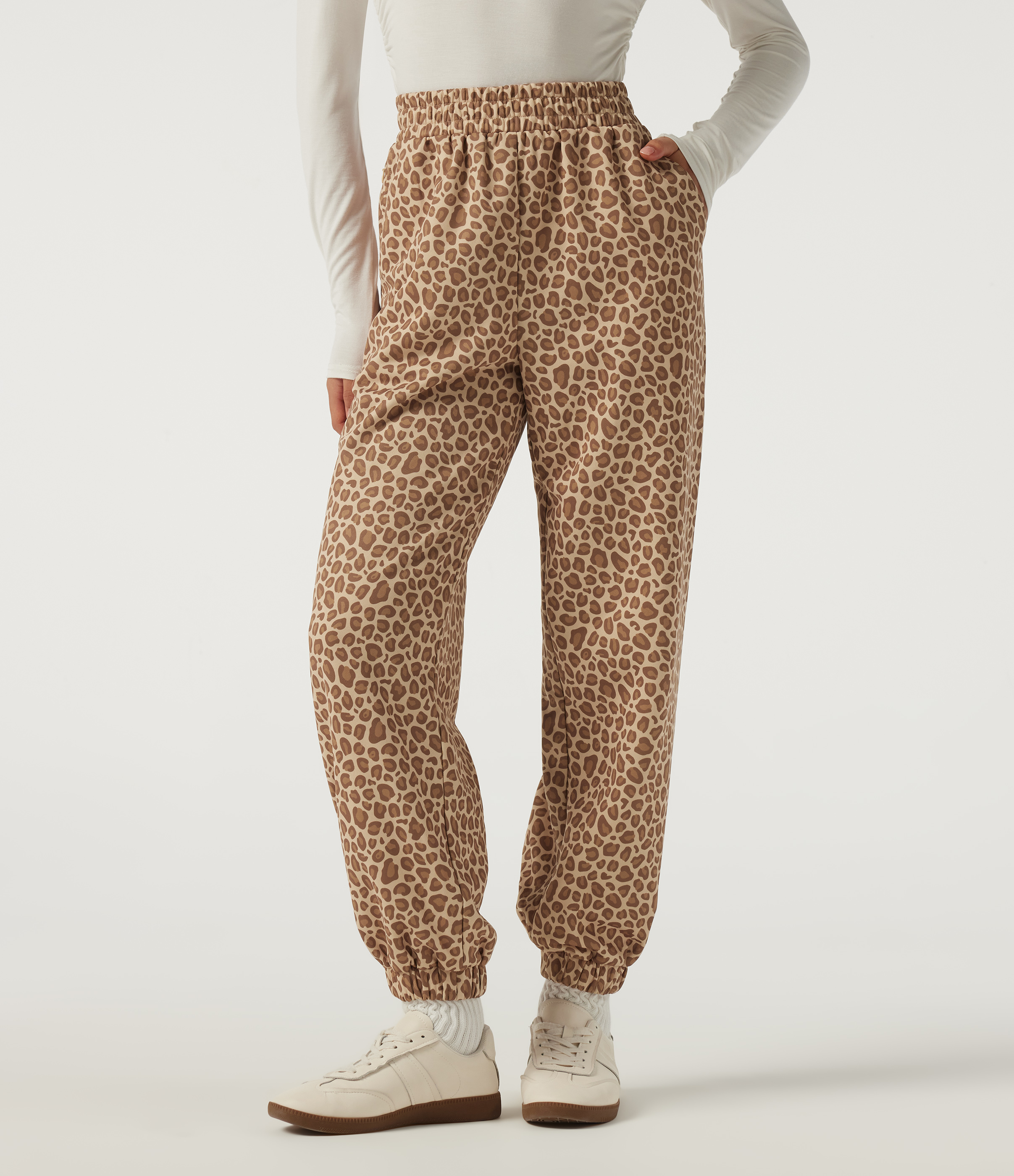 High Waisted Leopard Print Casual Joggers with Pockets