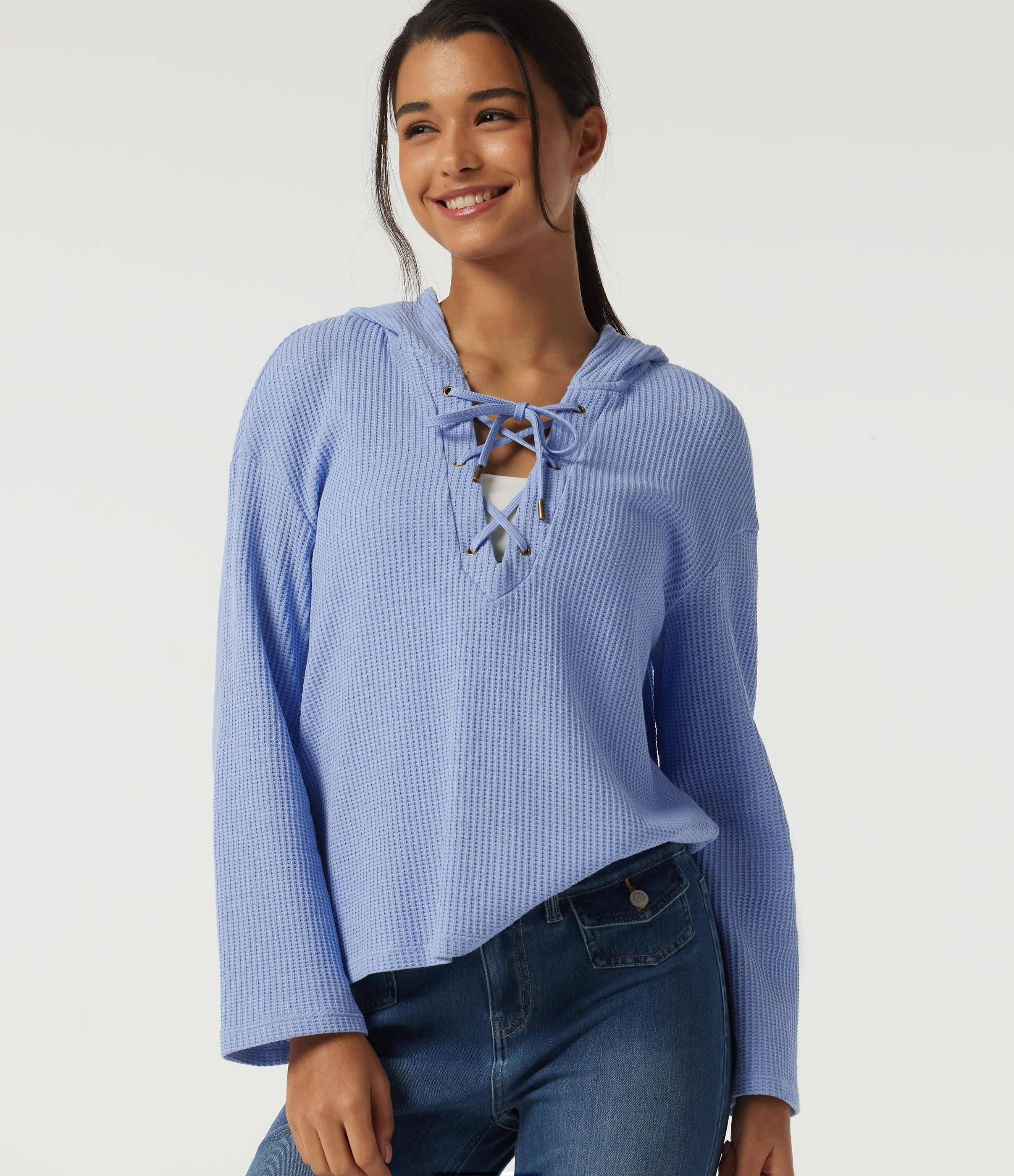 Hooded Long Sleeve Lace Up Waffle Casual Sweatshirt