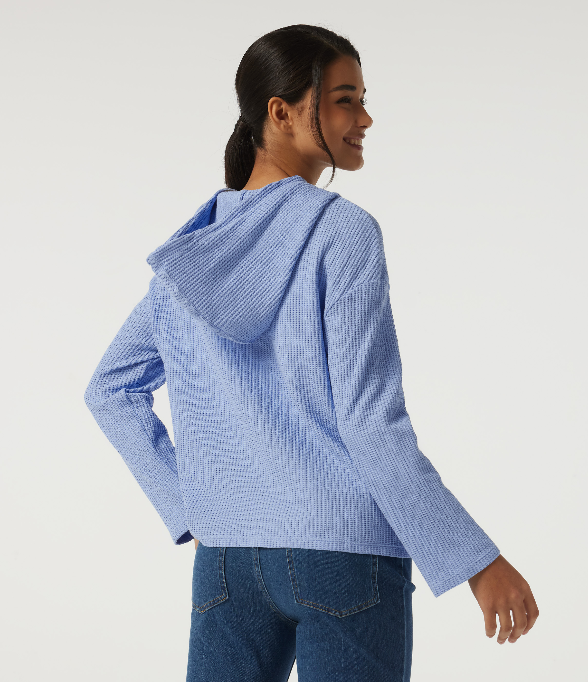 Chambray Blue Hooded Long Sleeve Lace Up Waffle Casual Sweatshirt / 2