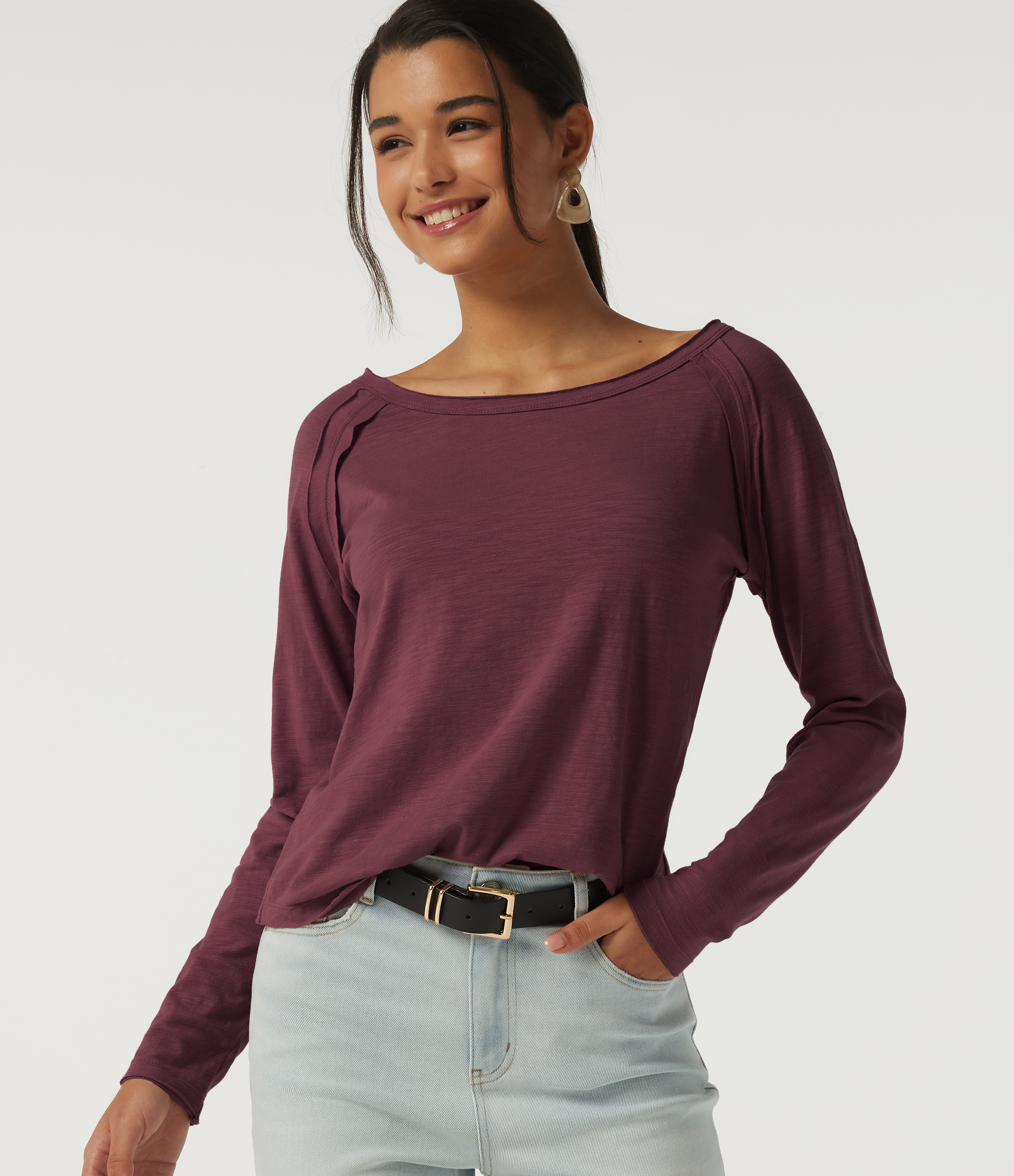 Boat Neck Long Sleeve Cotton Casual Top