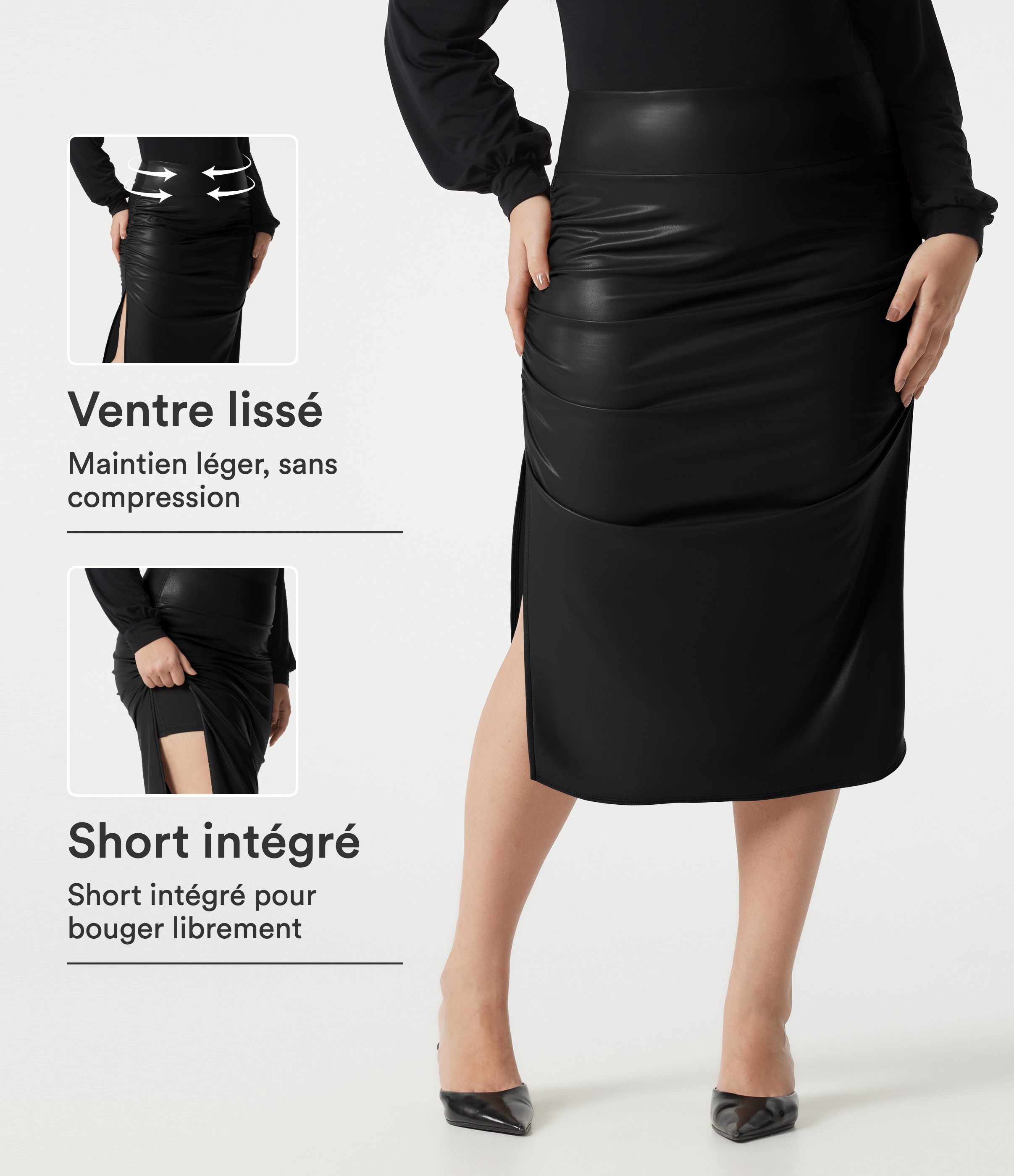 Jupe midi décontractée grande taille 2 en 1 taille haute ventre plat froncée ourlet arrondi en polaire simili cuir