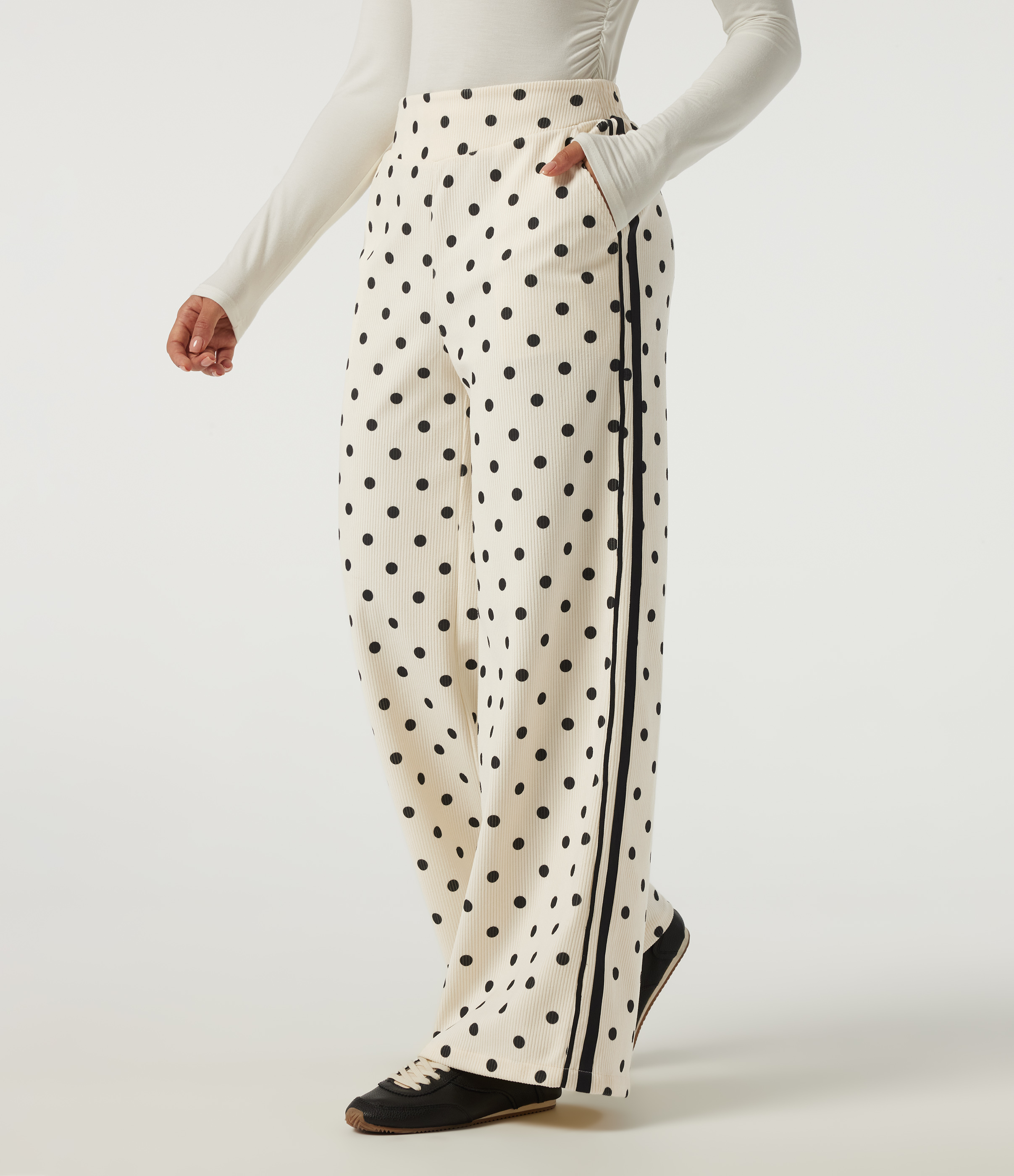 High Waisted Polka Dot Side Stripe Corduroy Casual  Wide Leg Pants with Pockets