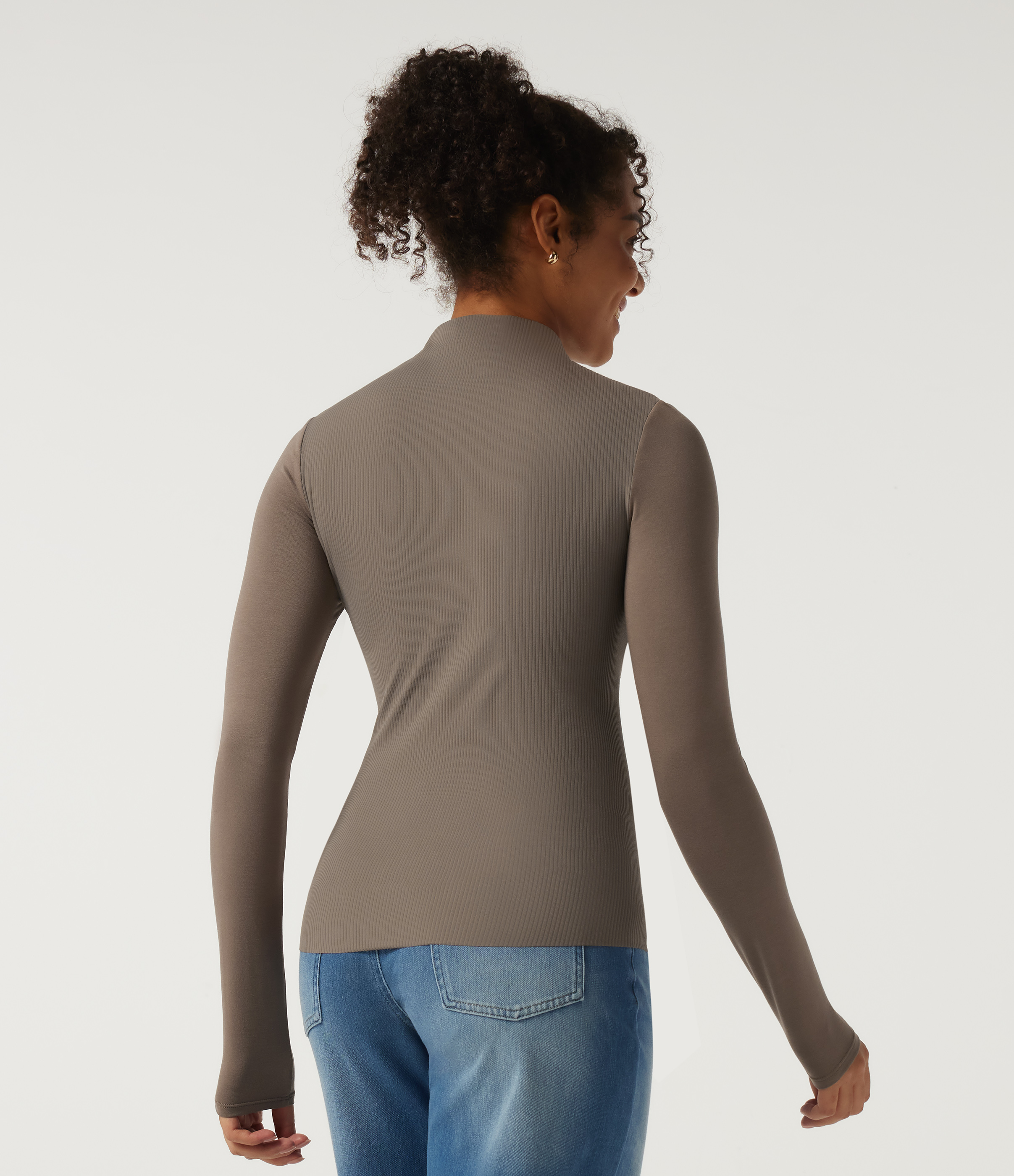 Dawn Brown High Neck Long Sleeve Ruched Casual Top with Built-in Bra / 2