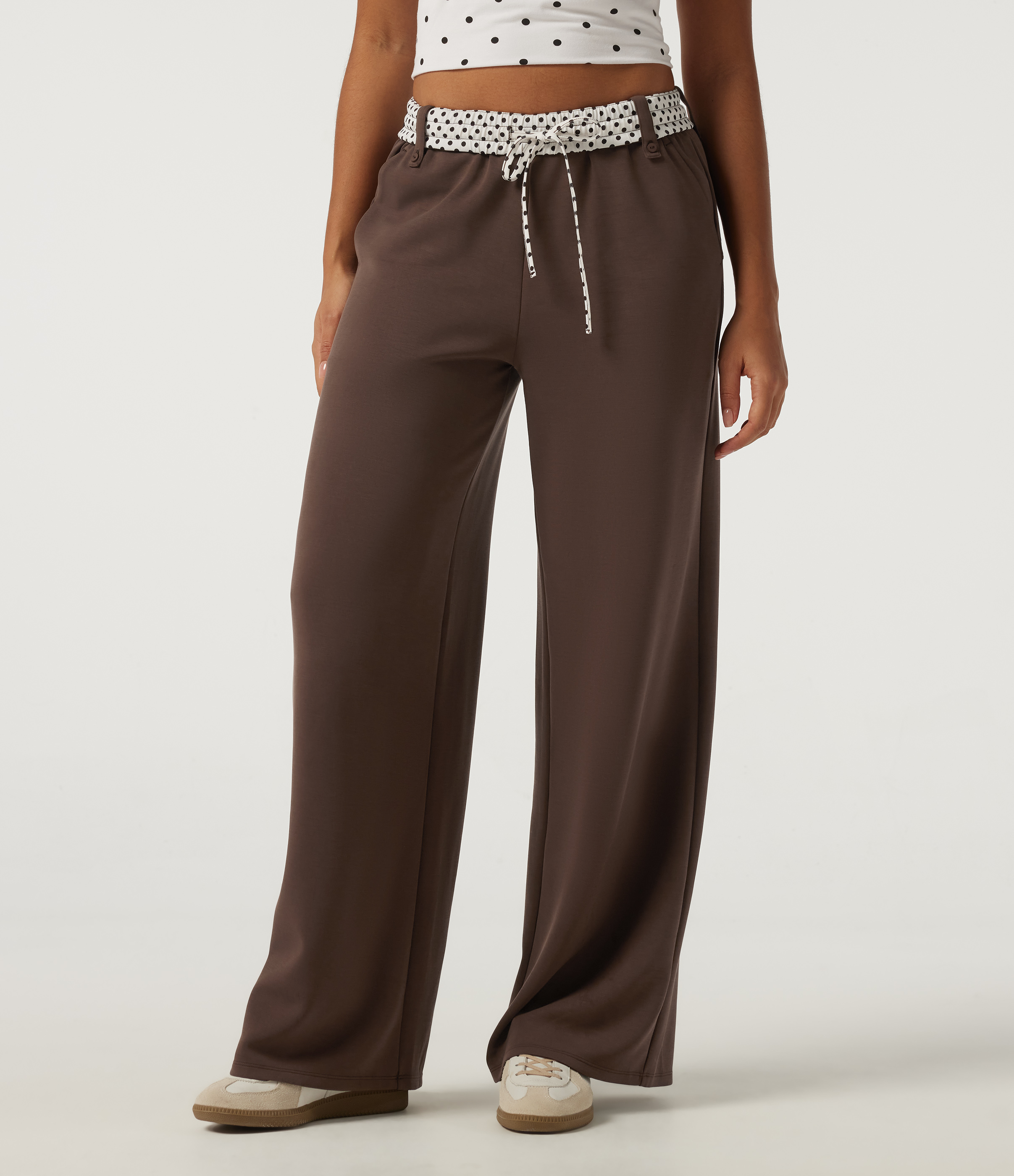 Low Rise Polka Dot Drawstring Foldover Wide Leg Casual Sweatpants with Pockets