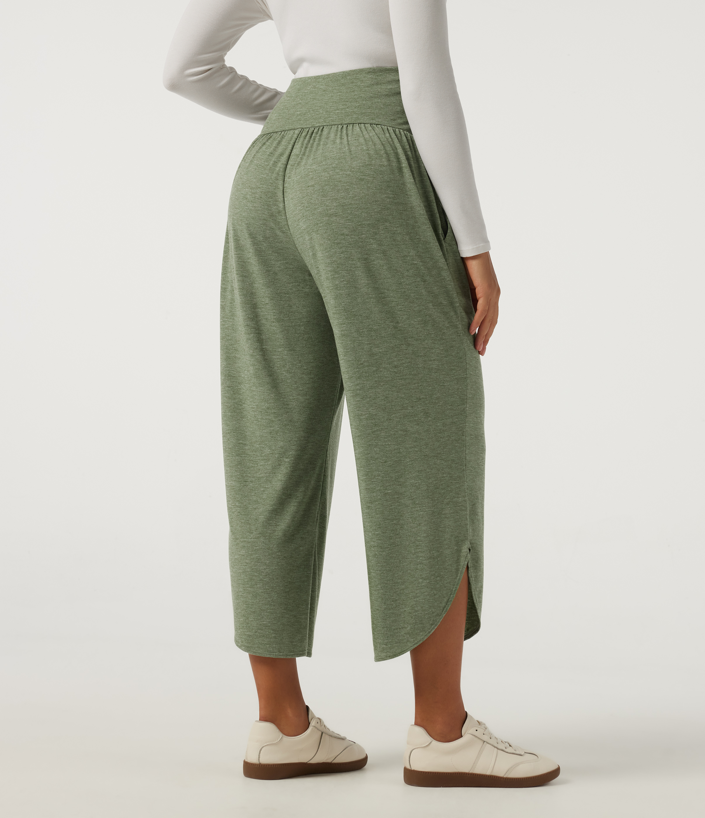 Light Green Floral Yarn High Waisted Wide Leg Curved Hem Casual Maternity Pants with Pockets / 2