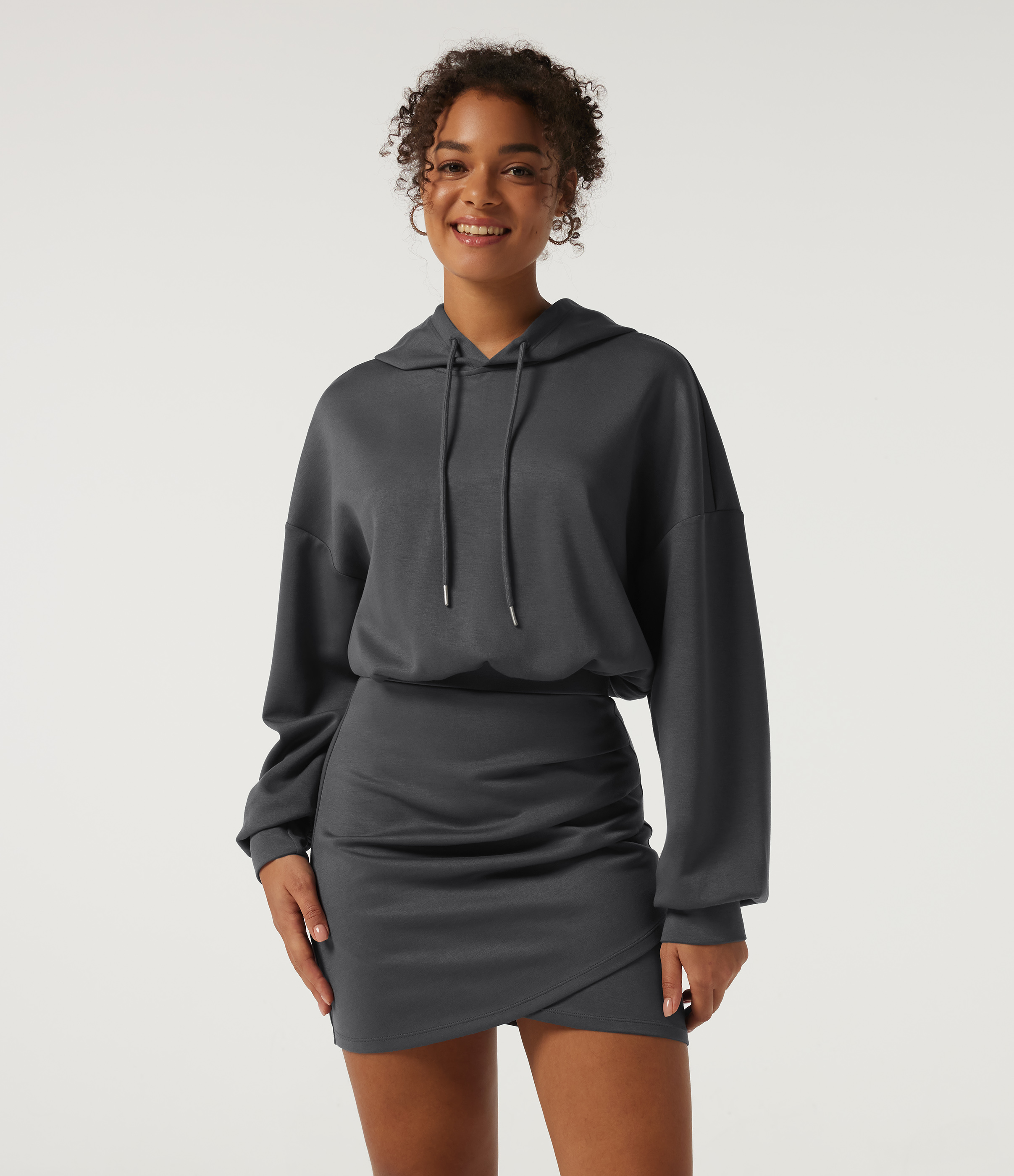 Hooded Long Sleeve Ruched Curved Hem Mini Casual Dress