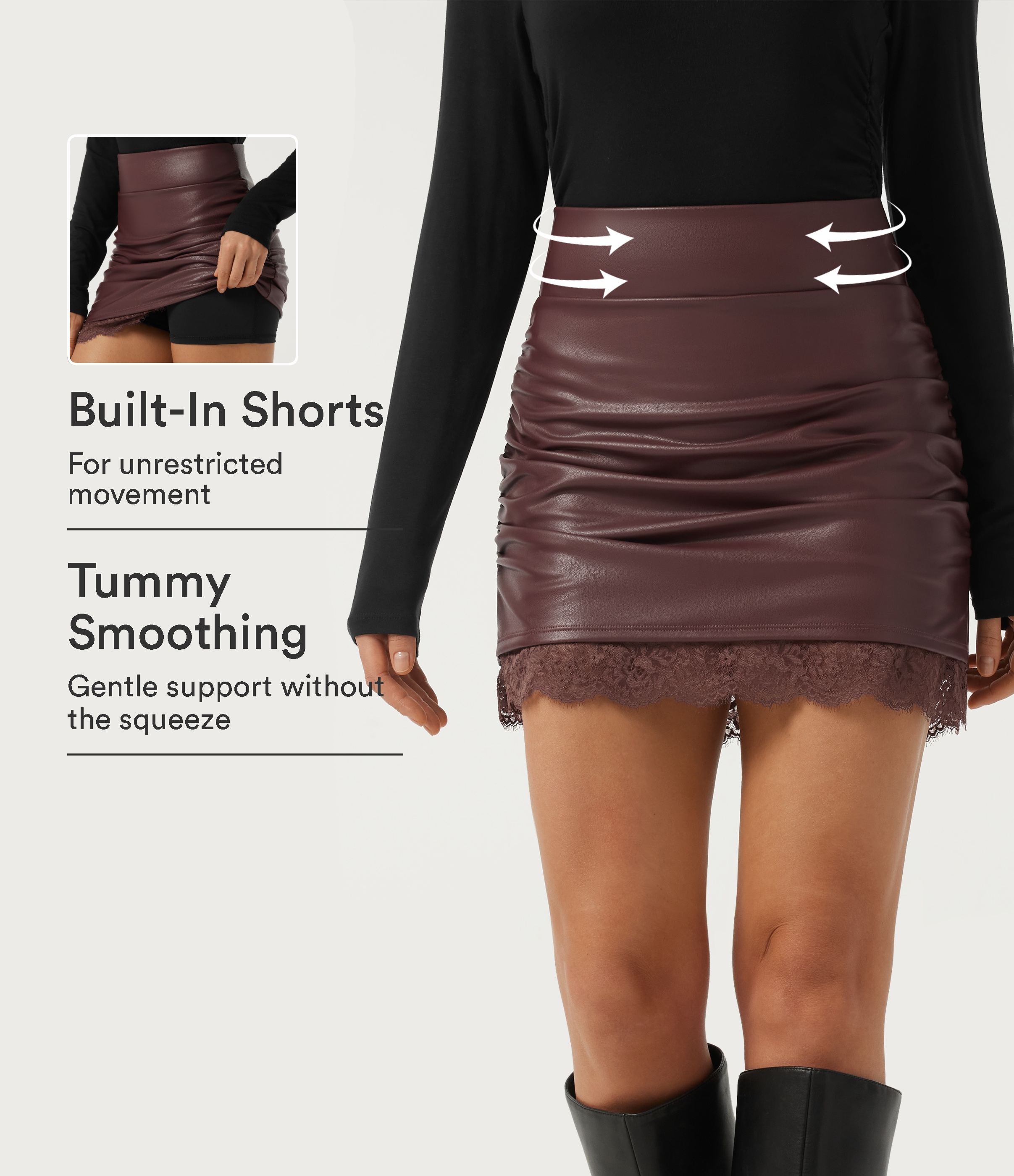 High Waisted Tummy Control Ruched Contrast Lace 2-in-1 Fleece PU Mini Bodycon Skirt