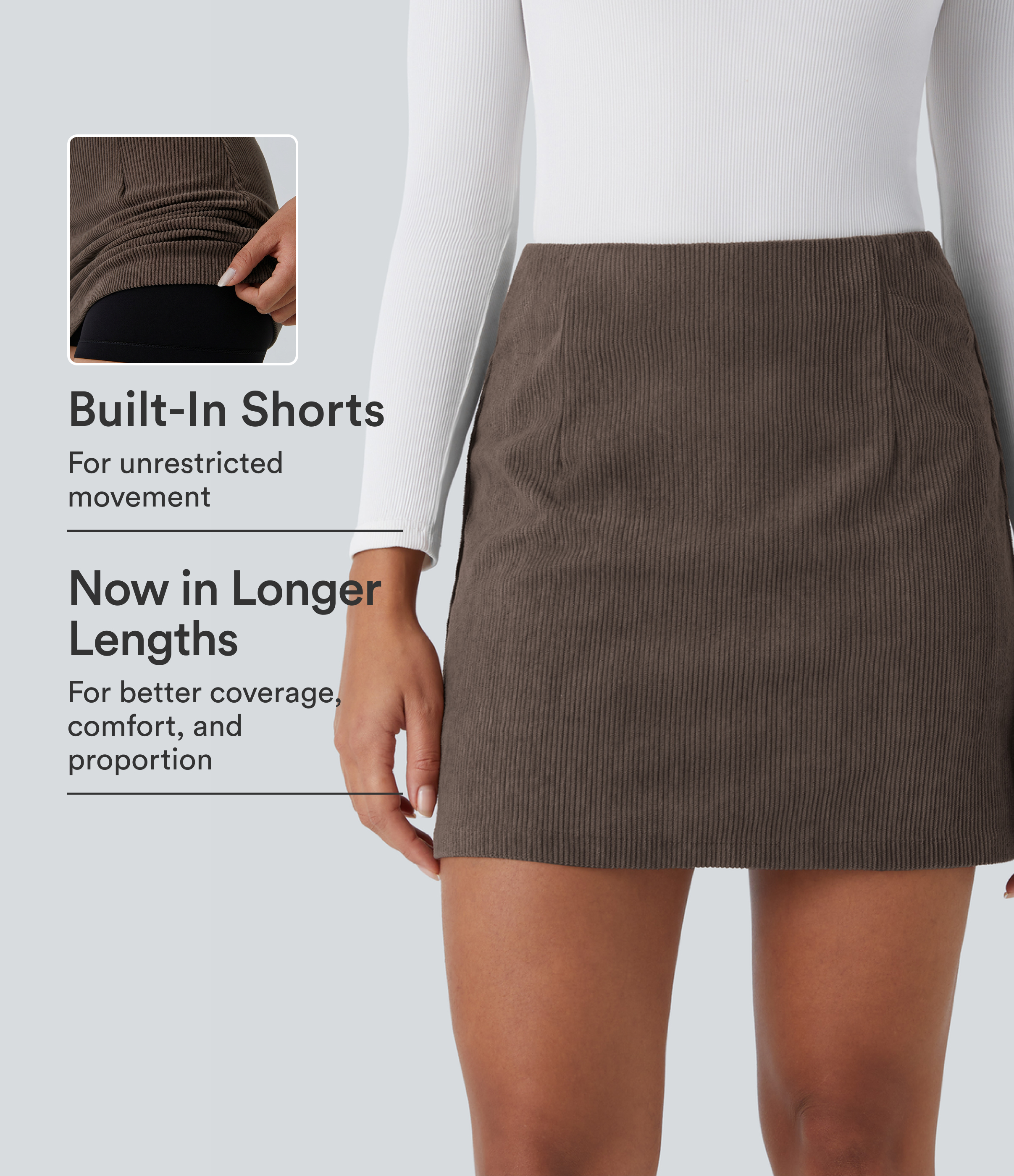 High Waisted Invisible Zipper 2-in-1 A Line Mini Corduroy Casual Skirt-Longer Length