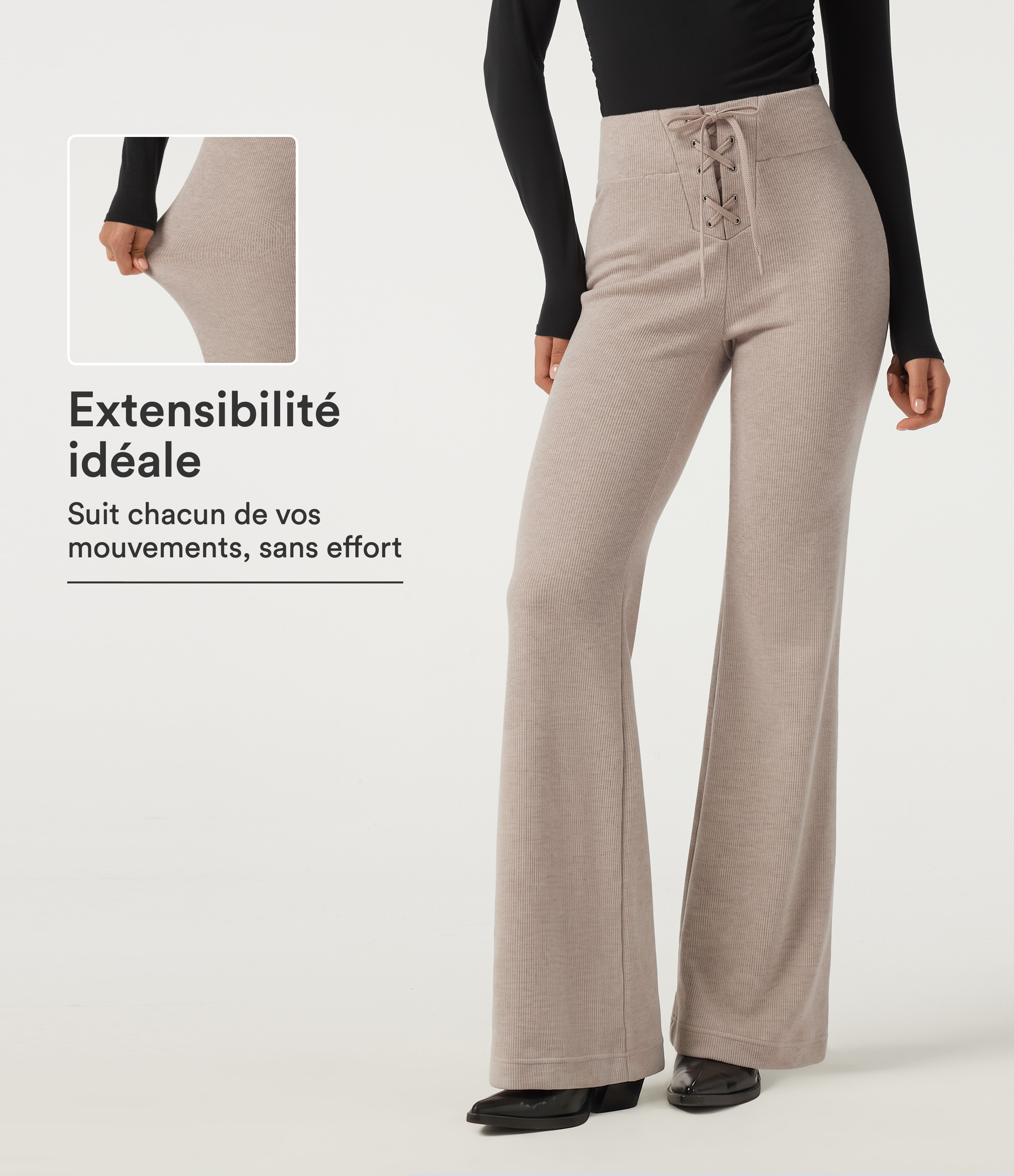 Oatstone Beige Pantalon côtelé flare taille haute à nouer avec poches / 1
