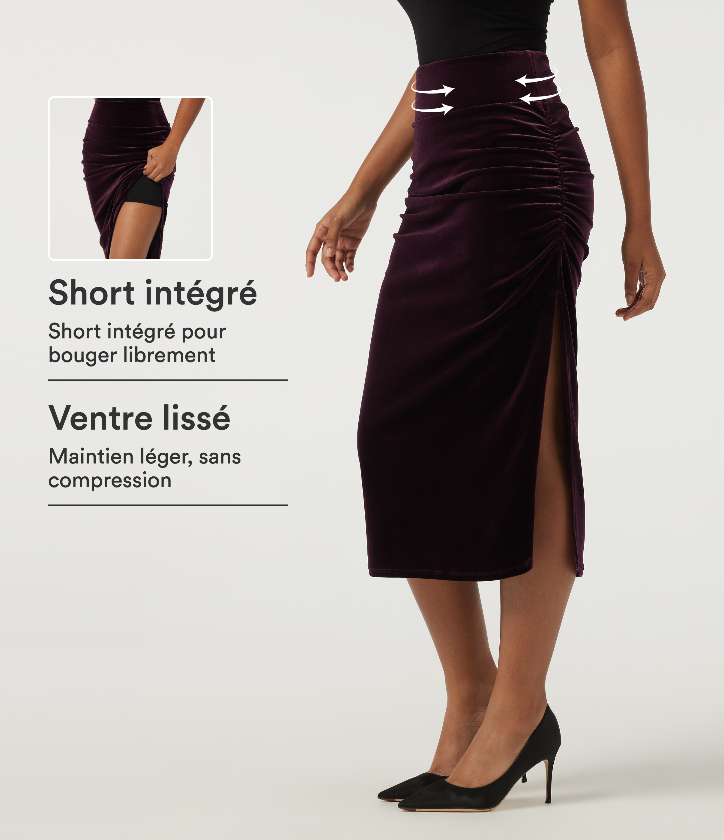 Dusky purple Jupe-short midi bodycon en velours taille haute gainante avec fronces / 1