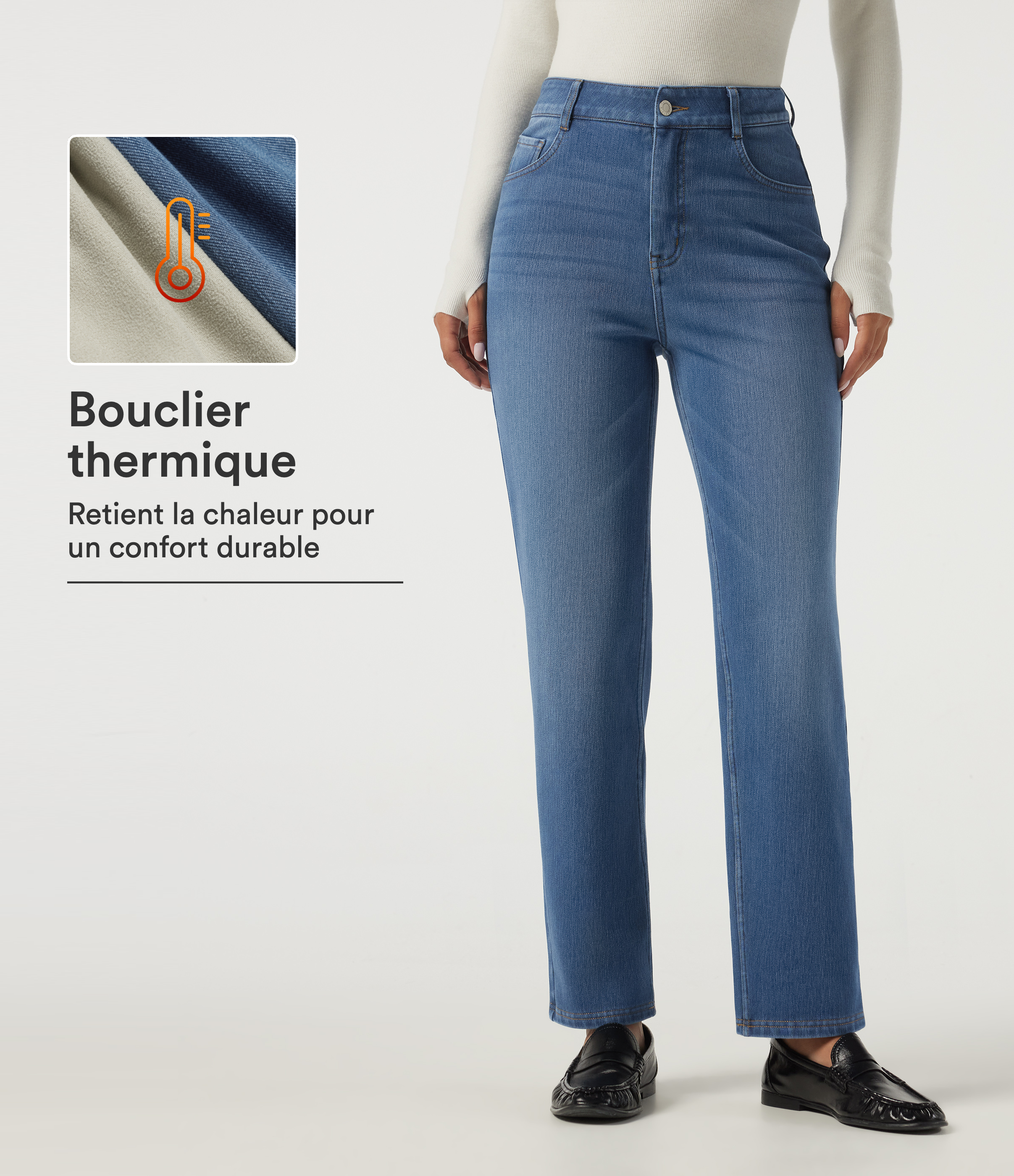  Blue Jasper Denim Hoch geschnittene Straight-Leg-Jeans aus Baumwoll-Fleece, lässig, mit Taschen. / 1