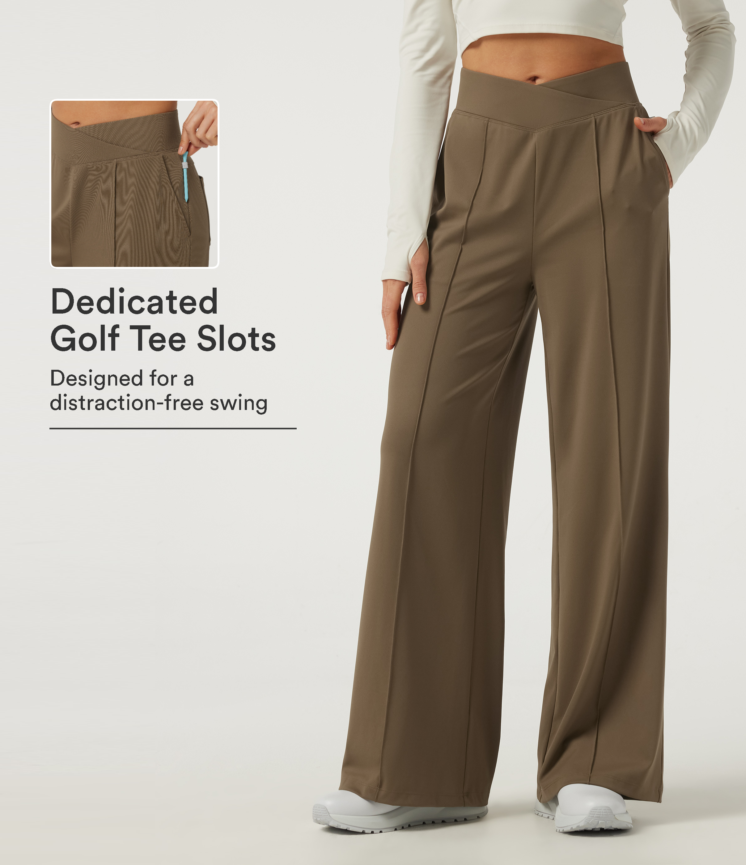 High Waisted Crossover Pintuck Wide Leg Quick Dry Golf Pants with Pockets-Golf Tee-UPF40+