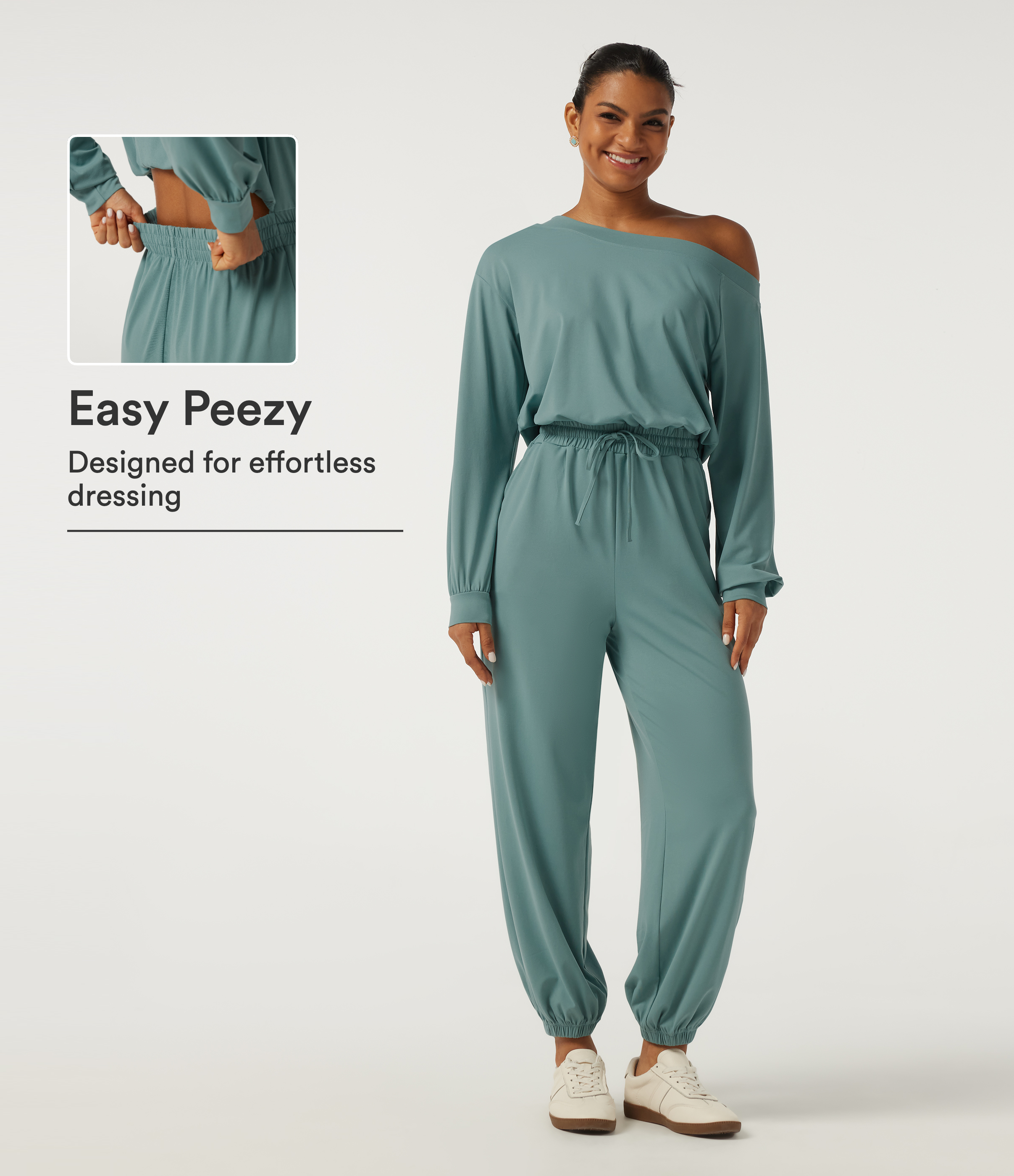 One Shoulder Long Sleeve Drawstring Casual Jumpsuit with Pockets - Easy Peezy Edition