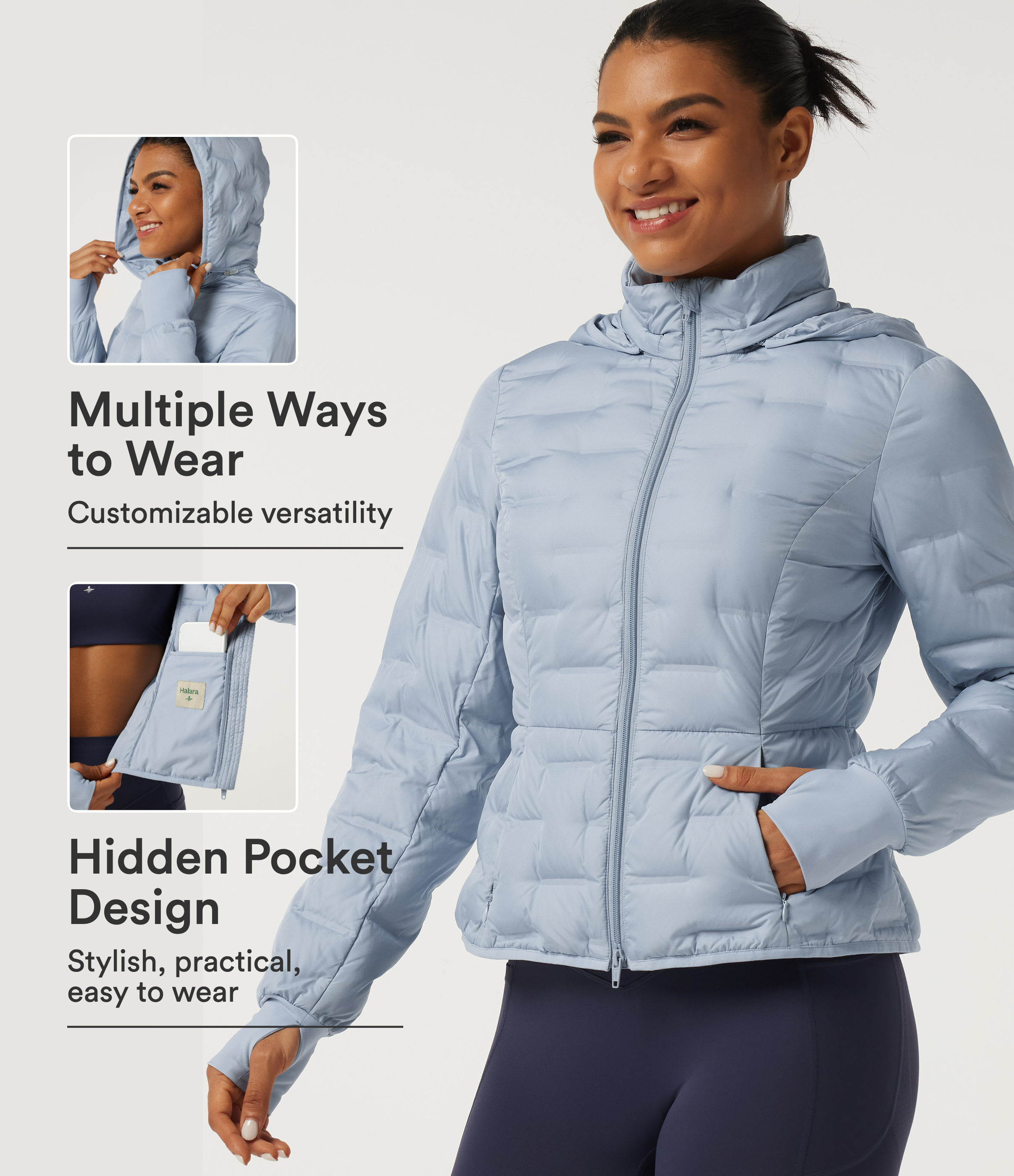 Removable Hood Long Sleeve Quilted Casual Down Jacket with Pockets and Thumb Holes