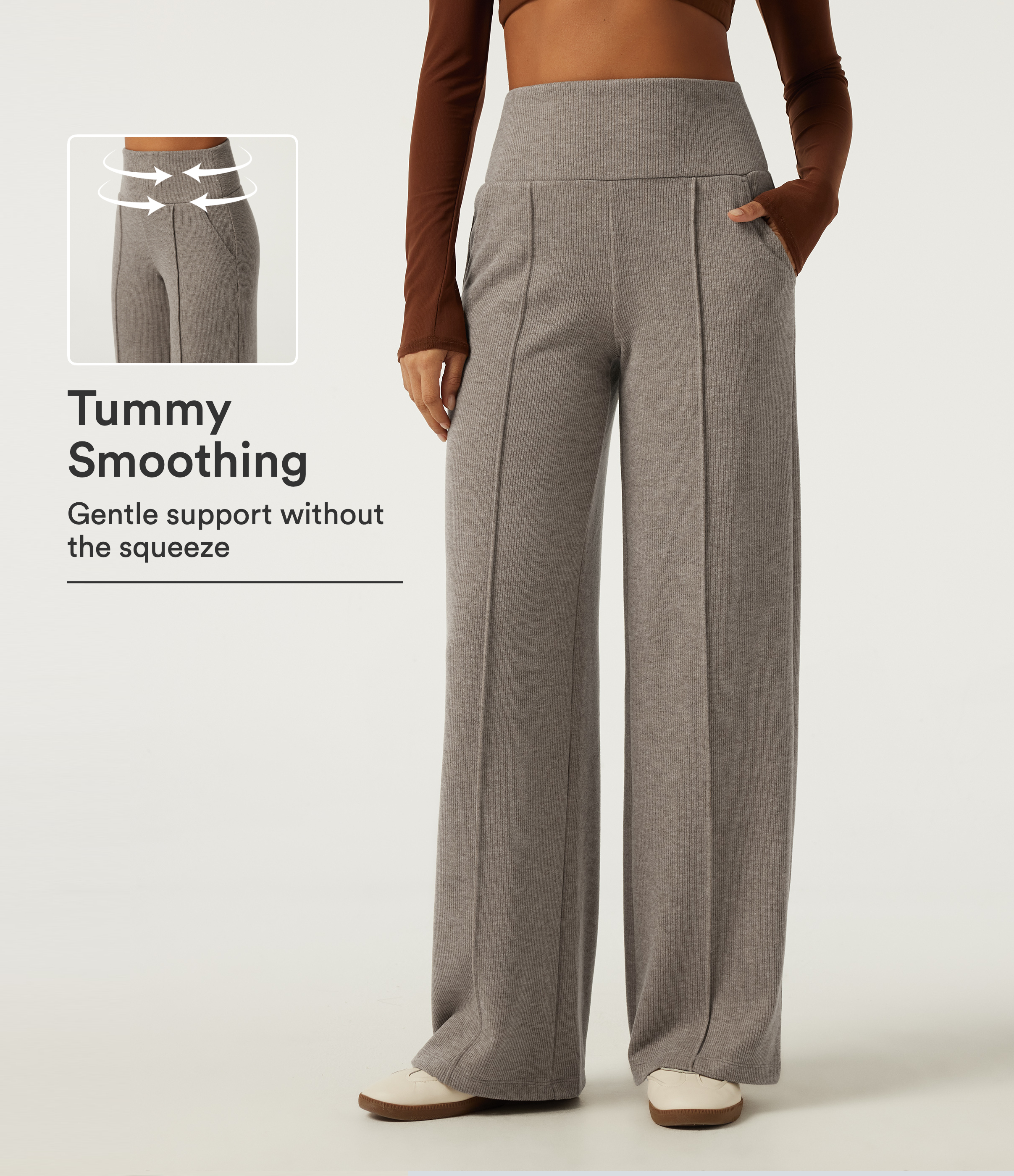 Ribbed Knit High Waisted Tummy Control Straight Leg Pintuck Casual Pants with Pockets