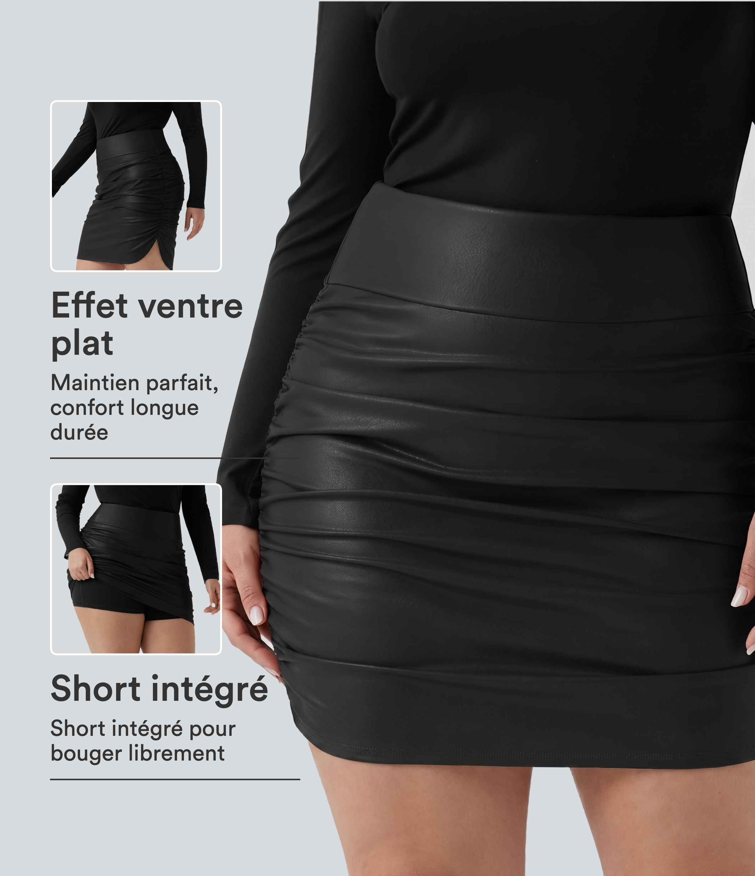 Jupe mini moulante grande taille 2 en 1 taille haute ventre plat froncée ourlet arrondi en polaire simili cuir — longueur allongée