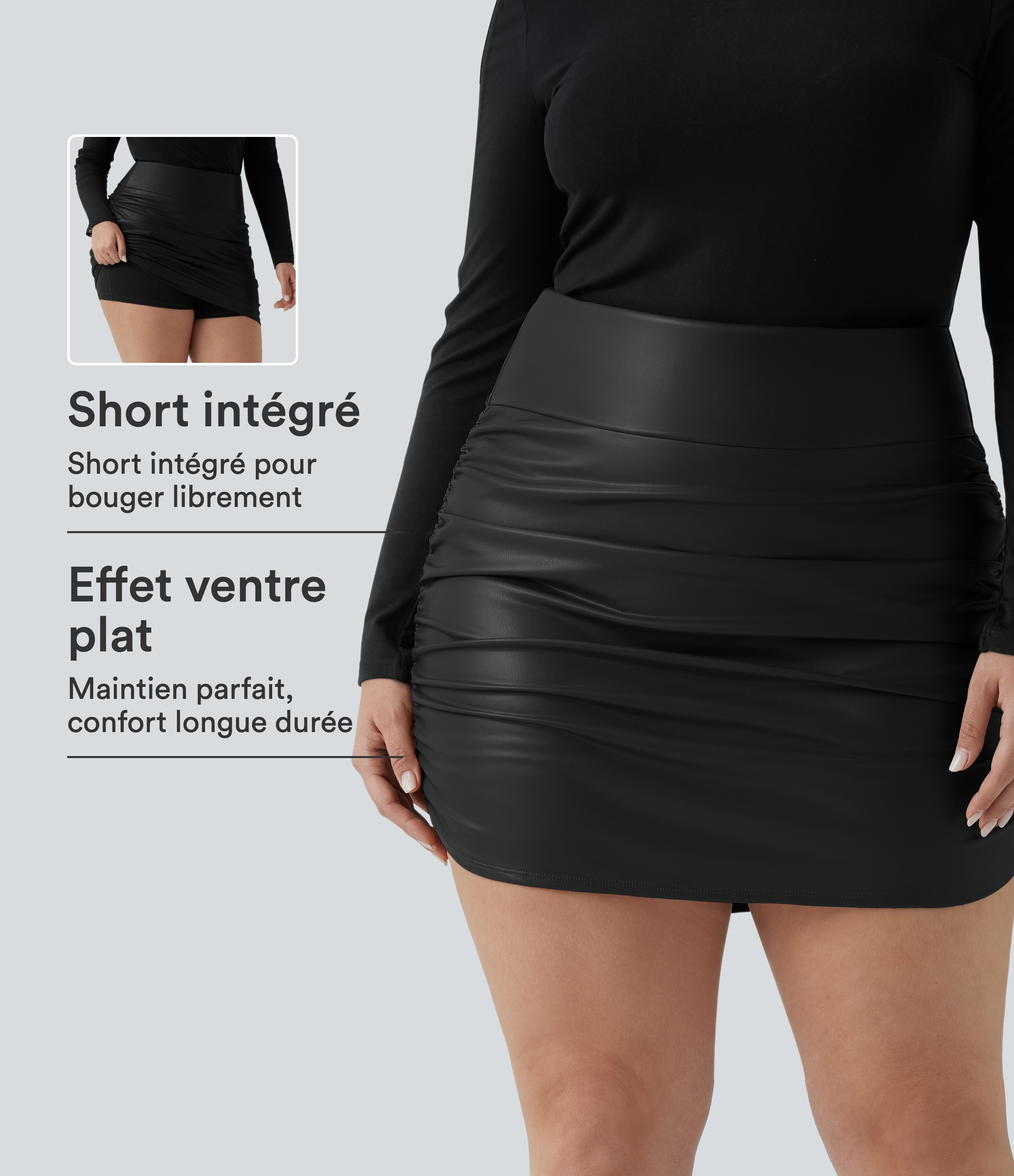 Jupe mini moulante grande taille 2-en-1 en molleton et tissu enduit taille haute gainante avec fronces et ourlet arrondi