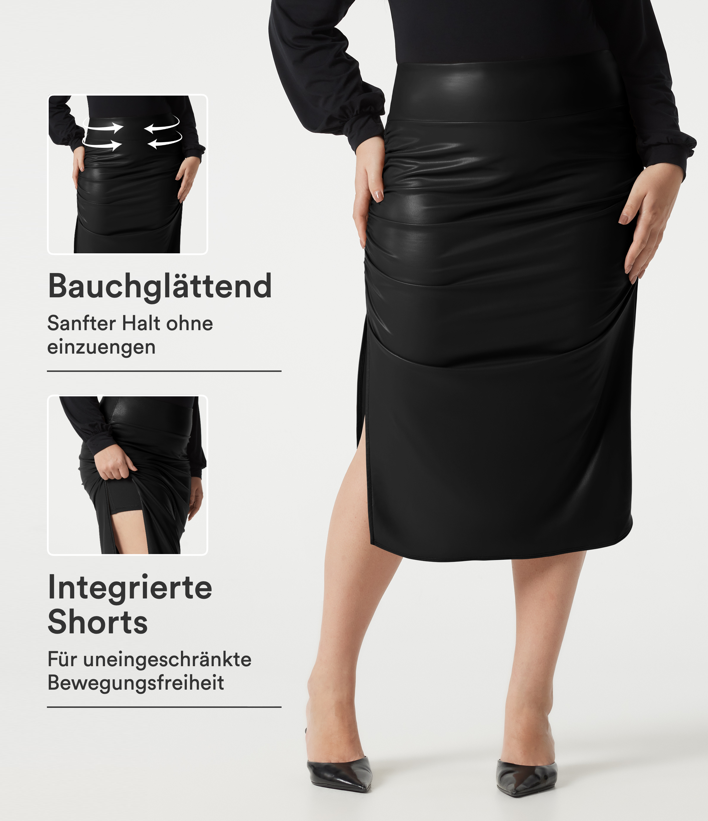 Lässiger, geraffter 2-in-1 Midirock aus Fleece-Kunstleder mit hohem Bund, Bauchkontrolle und abgerundetem Saum - Plus-Size