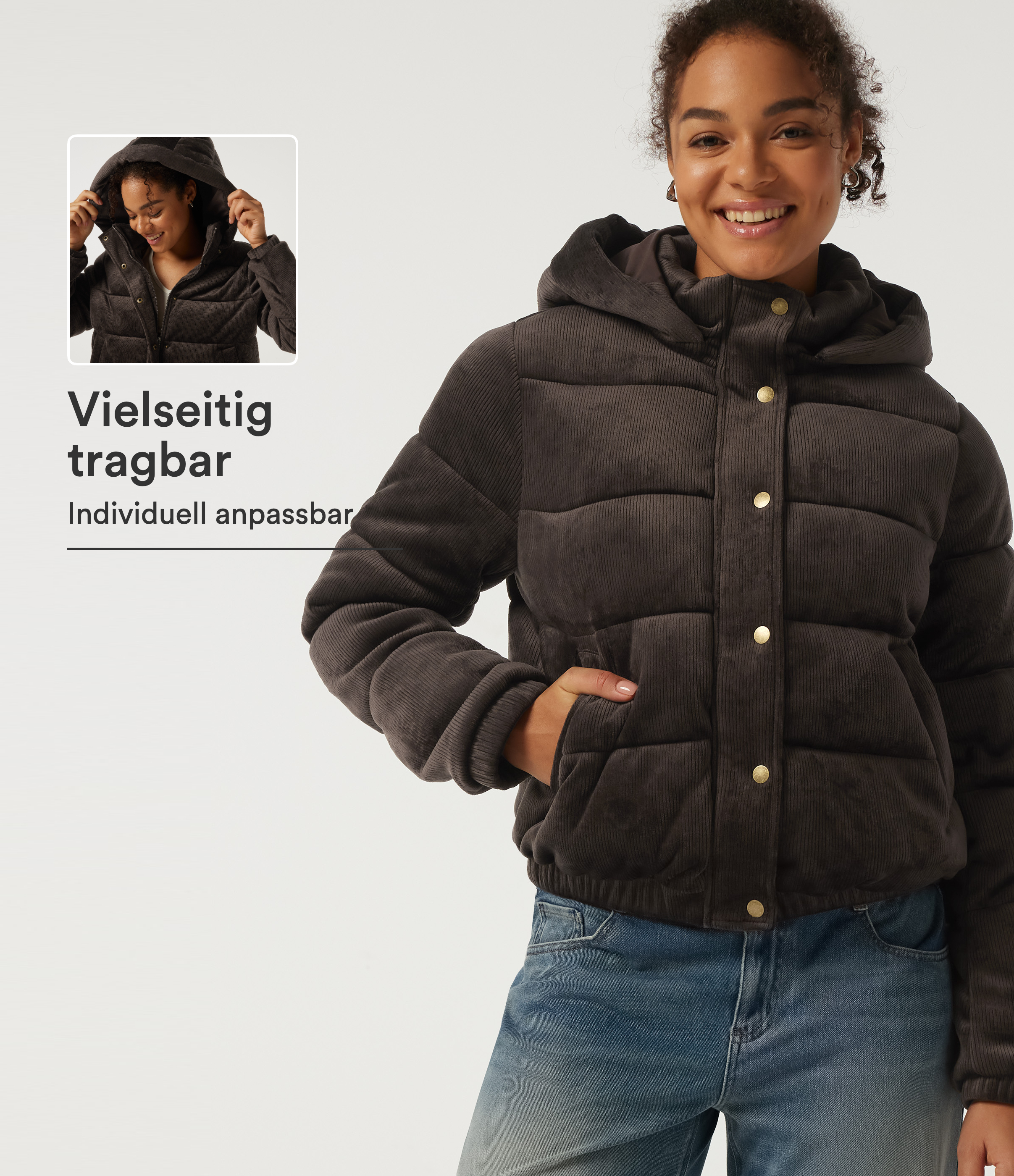 Seal Brown Lässige Fleece-Steppjacke aus geripptem Strick mit abnehmbarer Kapuze, Seitentaschen und langen Ärmeln / 1