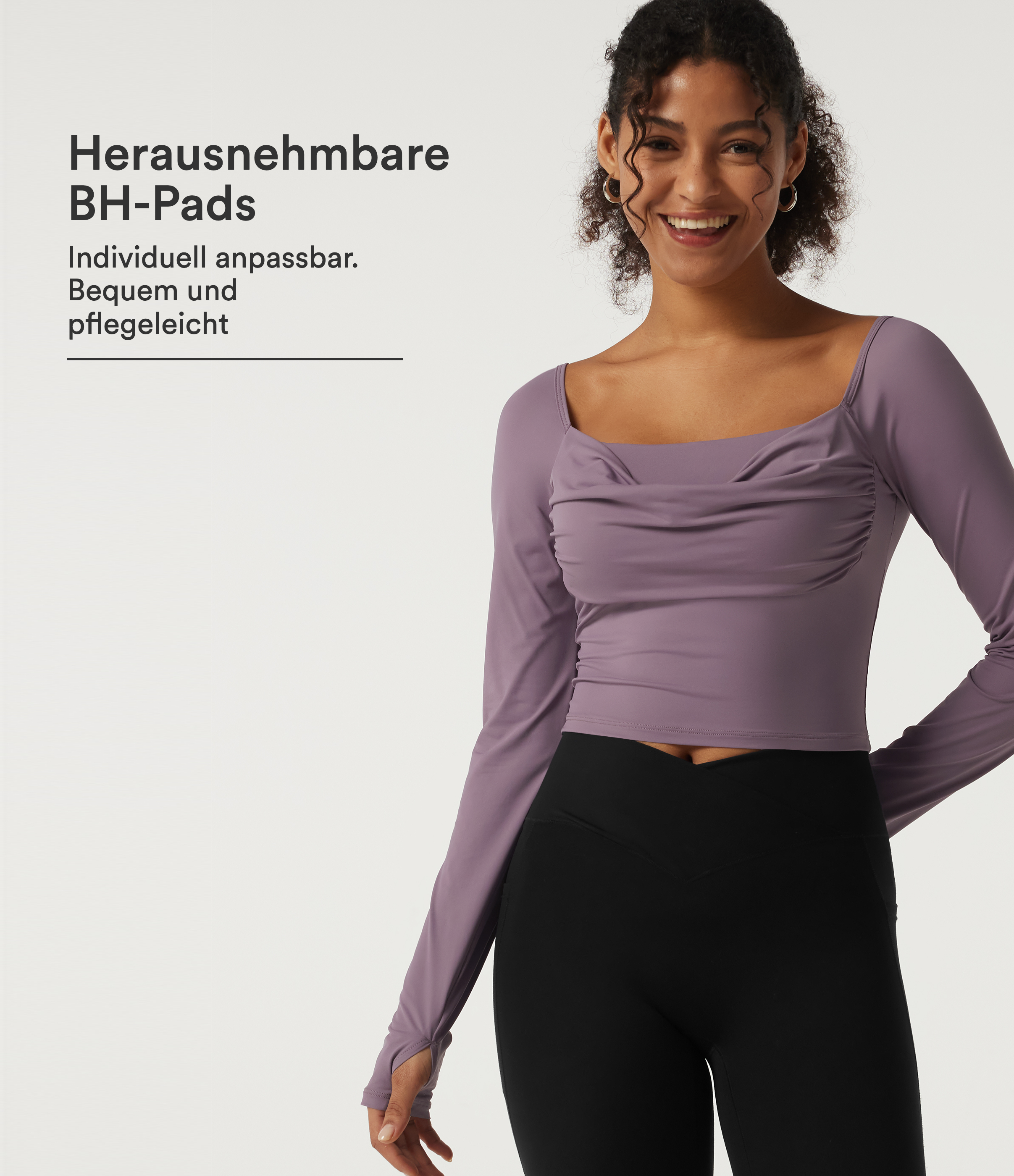 Vintage Violet Yoga-Sport-Top mit eckigem Ausschnitt, langen Ärmeln, Daumenlöchern, integriertem BH und InstantCool - UPF50+ / 1