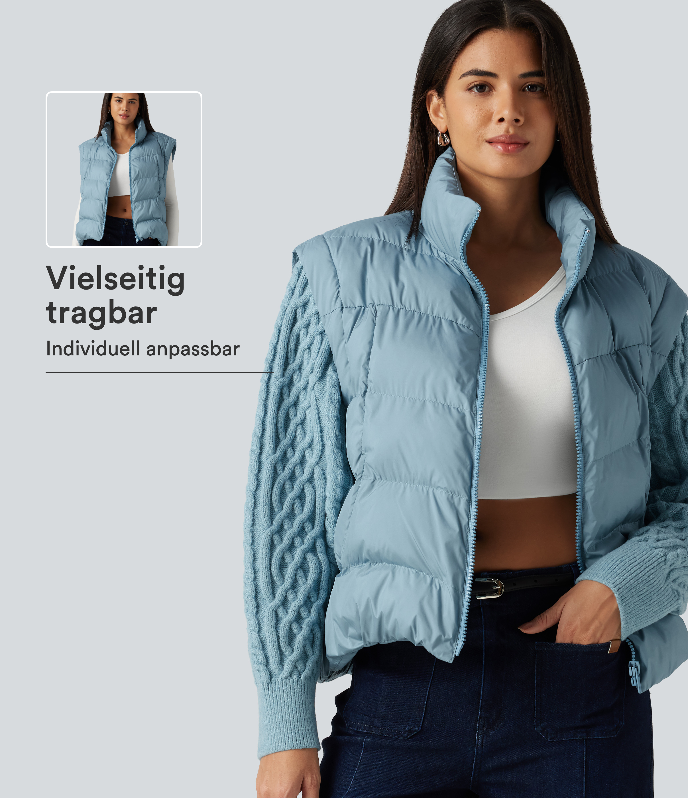 Light Foggy Blue Lässige Steppjacke mit hohem Kragen, Seitentaschen und langen Ärmeln / 1
