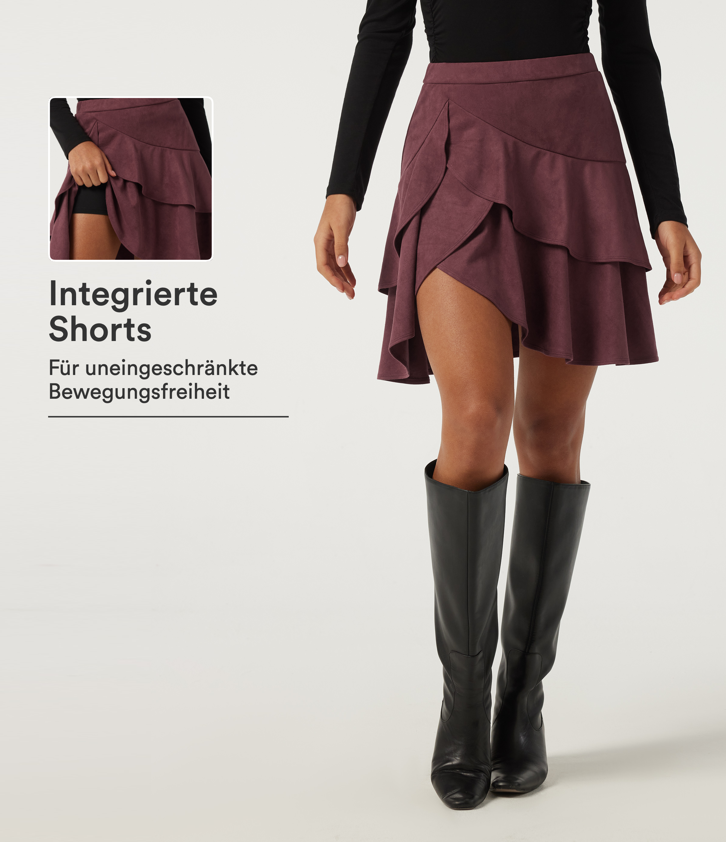 Lässiger 2-in-1 Minirock in A-Linie aus Wildleder mit hohem Bund, Seitentasche, integrierten Shorts und asymmetrischem Rüschensaum