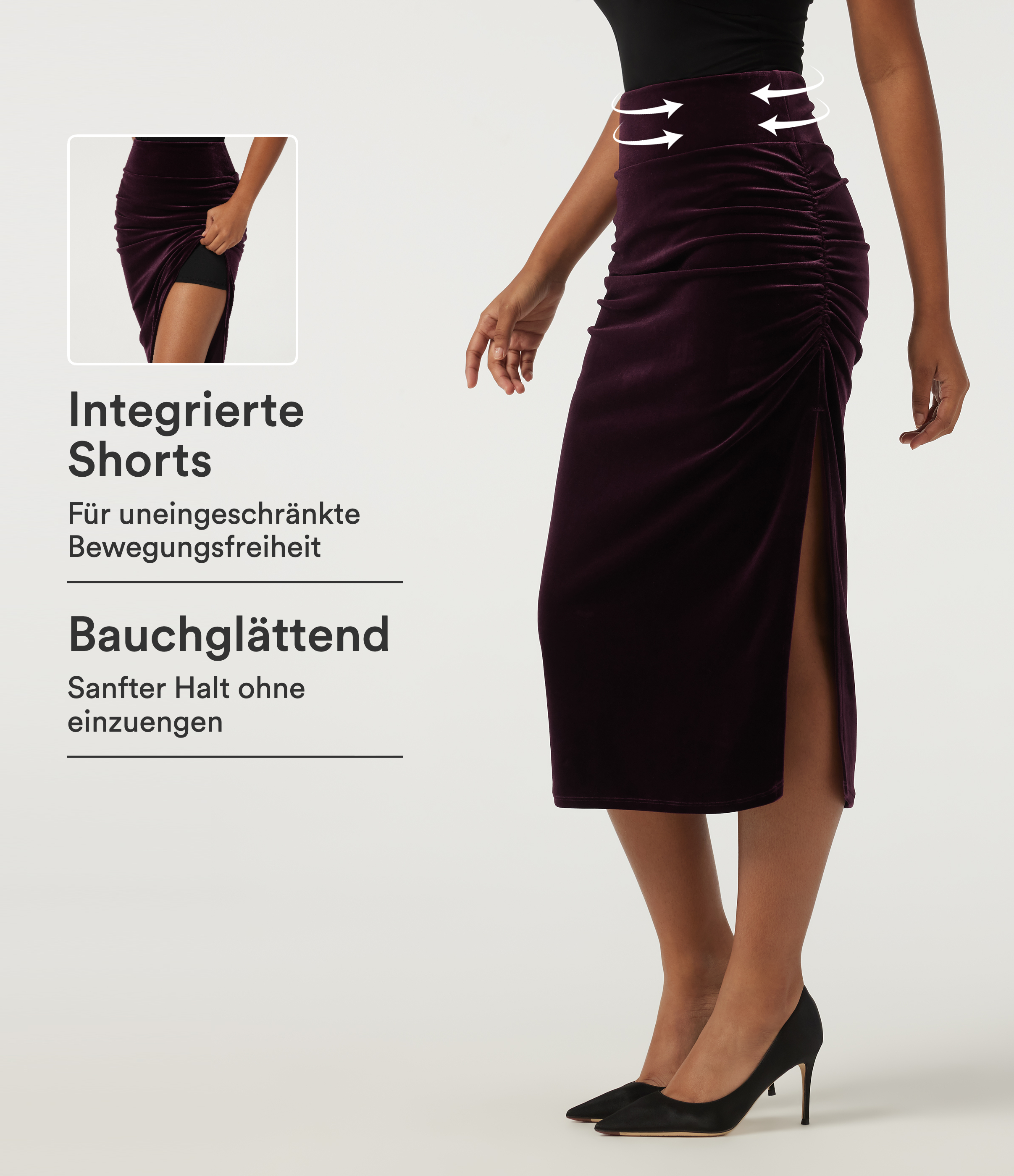 Dusky purple Figurbetonter, geraffter 2-in-1 Party-Midirock aus Samt mit hohem Bund, Bauchkontrolle und integrierten Shorts / 1