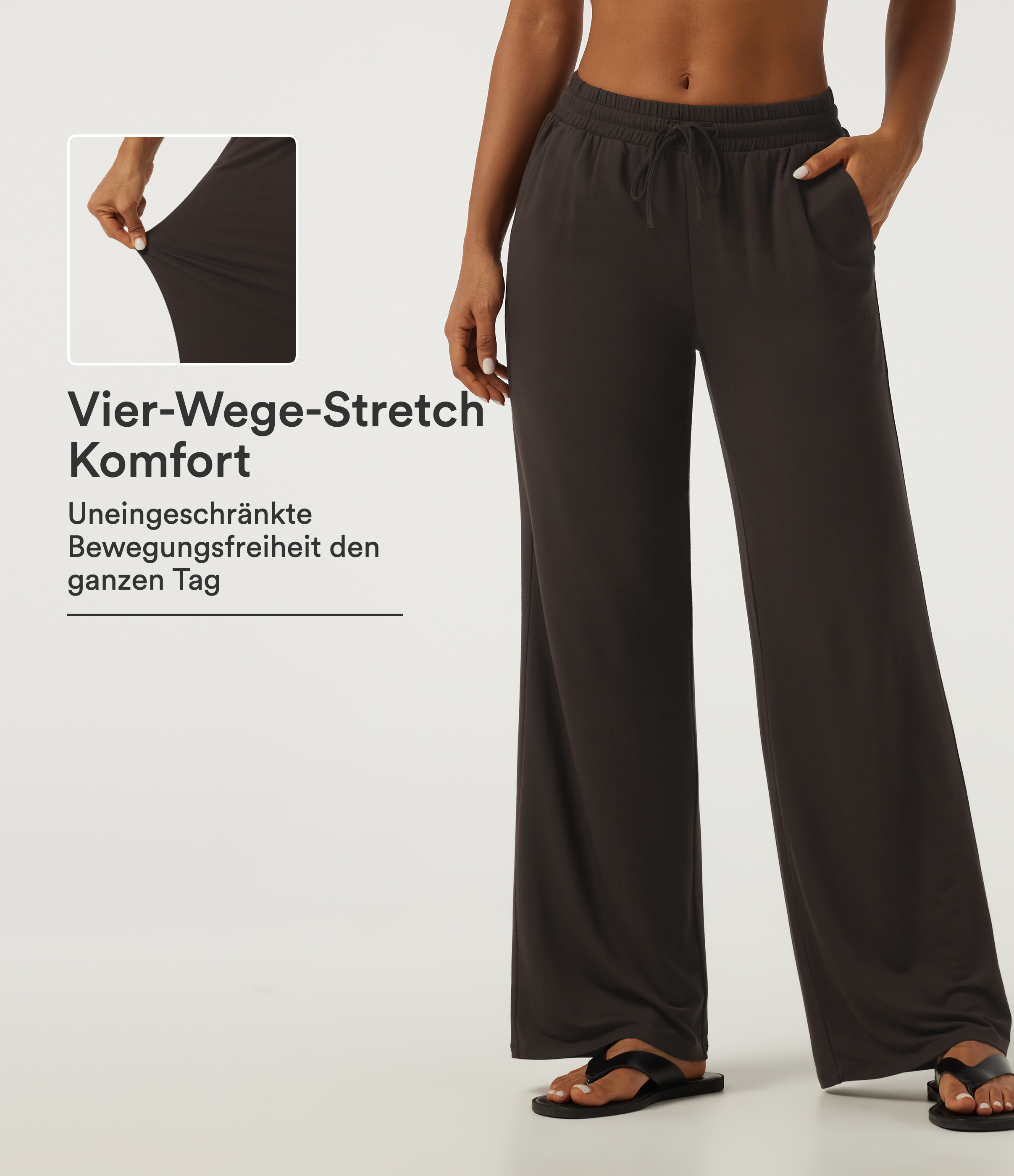 Chocolate Brown Lässige Hose mit niedrigem Bund, Seitentaschen, Kordelzug und geradem Bein / 1