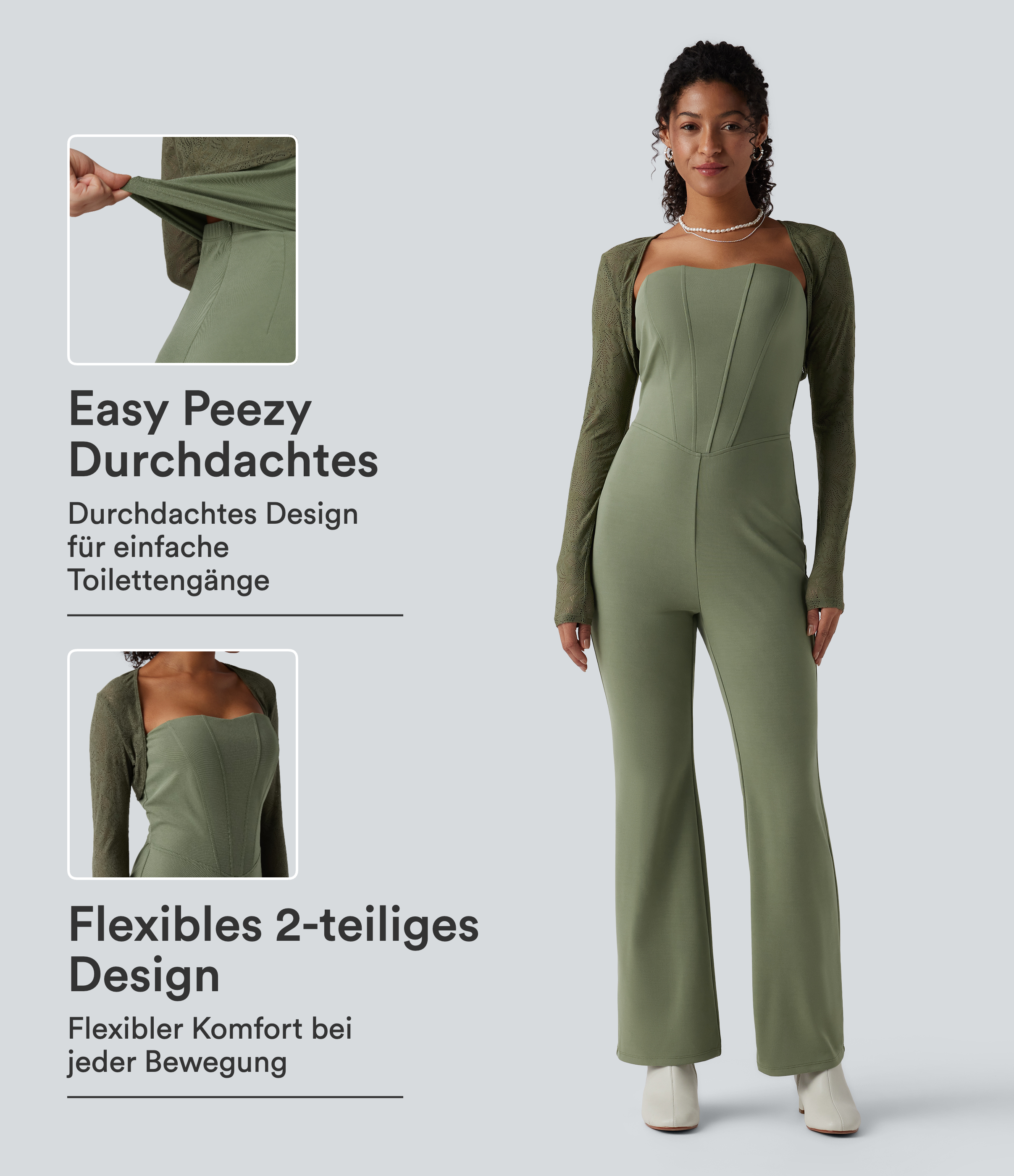 Oil Green 2-teiliger Jumpsuit im Korsett-Stil mit langen Ärmeln und Tube-Top - Easy Peezy Edition / 1