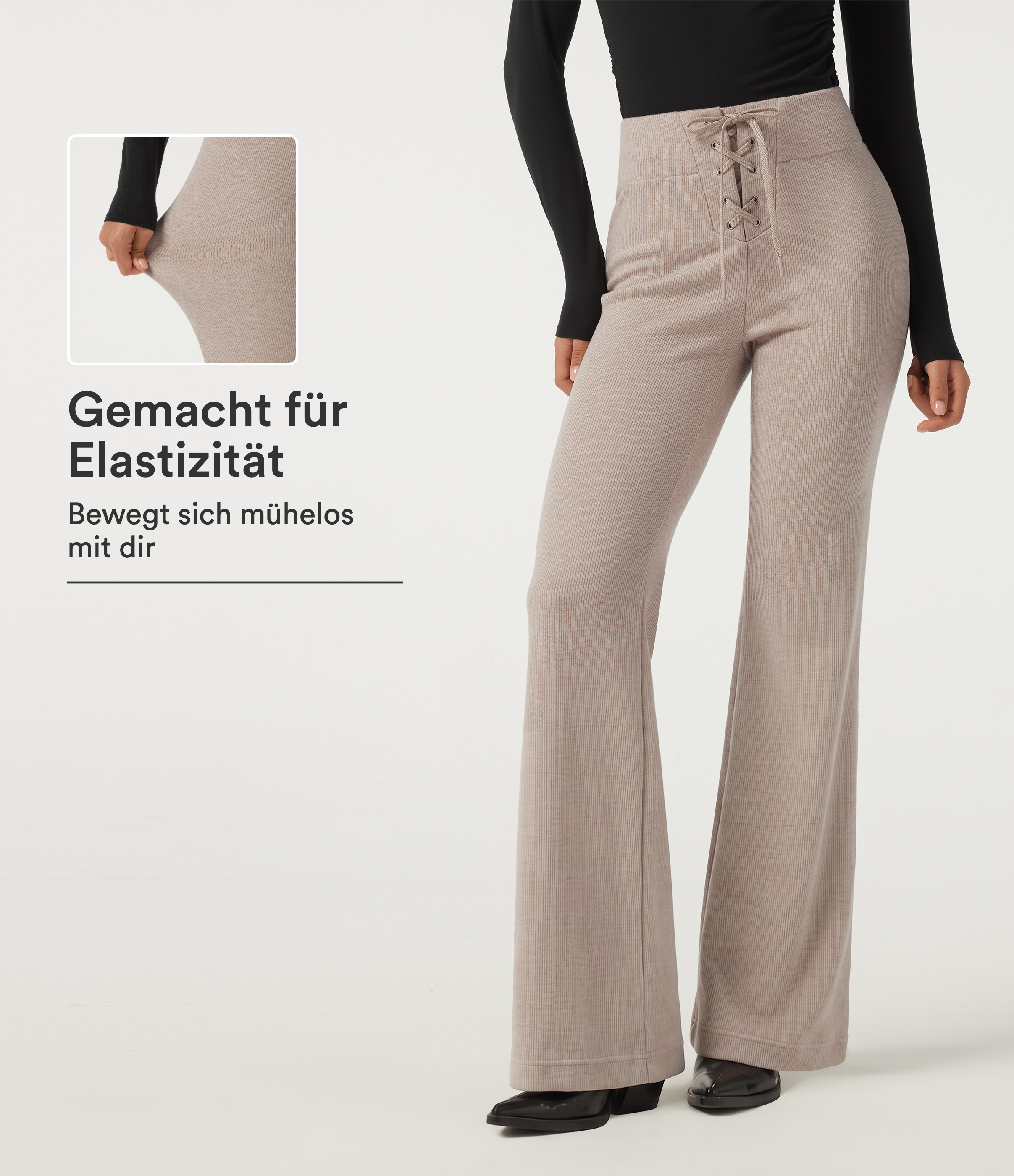 Oatstone Beige Pantalones casuales acampanados de punto acanalado, talle alto, con lazada frontal y bolsillos / 1