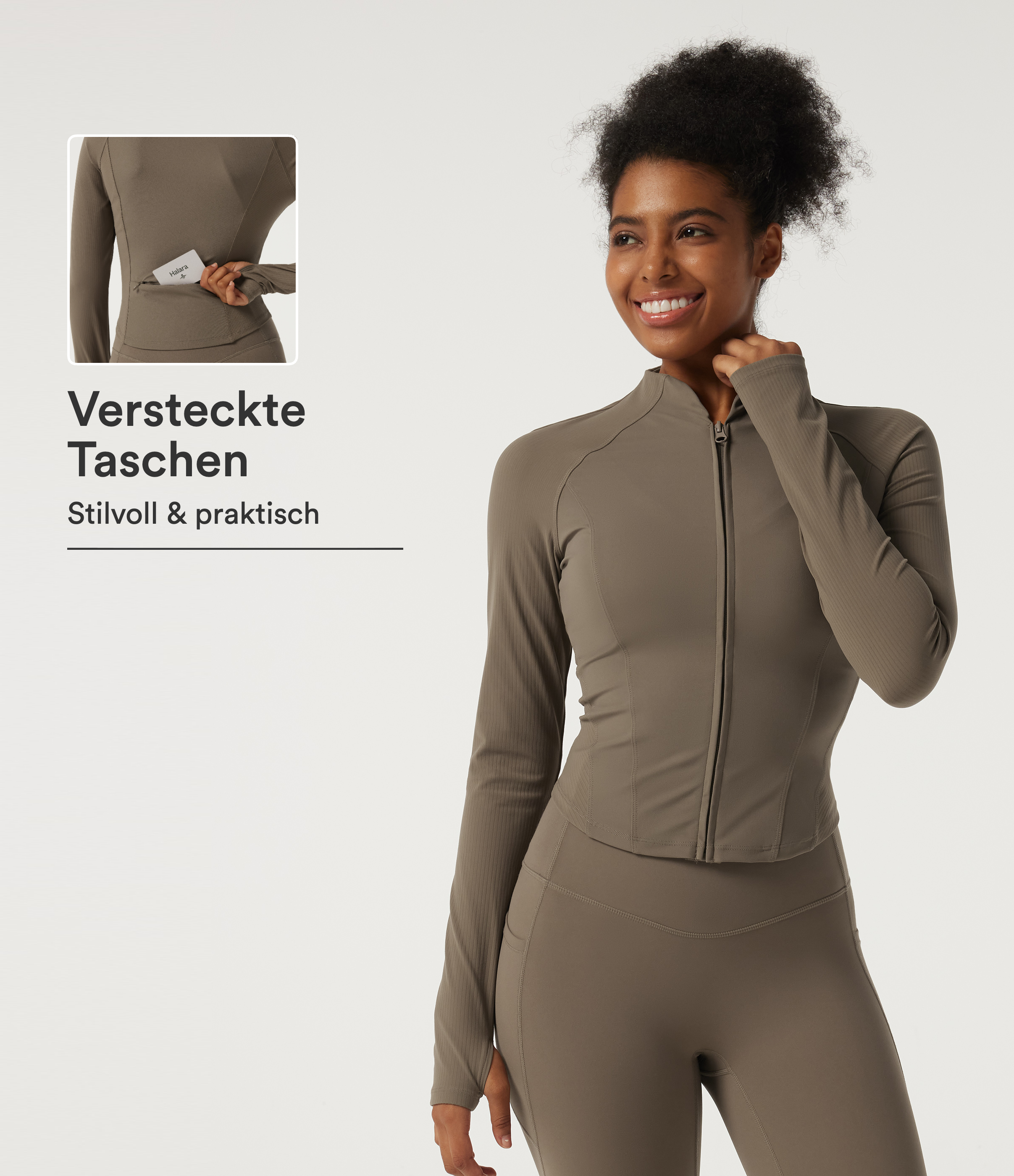 Halara UltraSculpt™ - Figurbetonte Yogajacke mit Stehkragen, Bundtasche, langen Ärmeln und Daumenlöchern