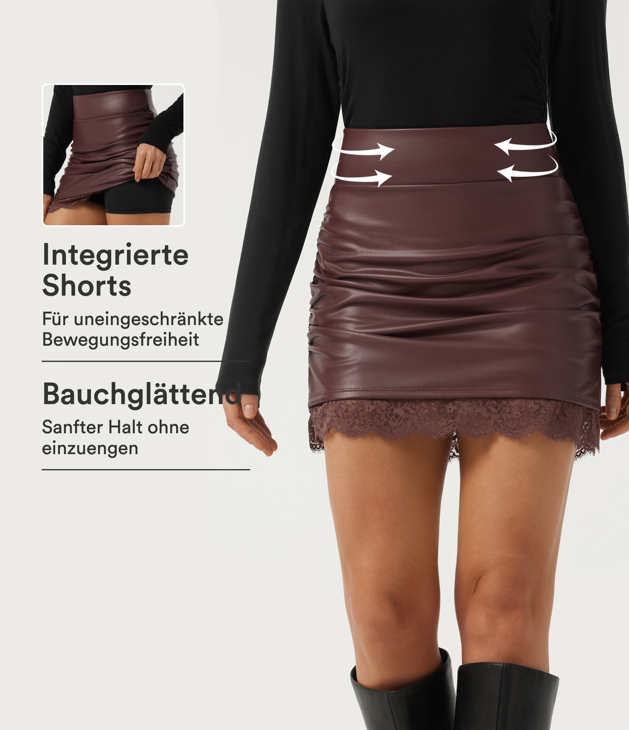 Figurbetonter, geraffter 2-in-1 Fleece-Minirock aus Kunstleder mit hohem Bund, Bauchkontrolle und Kontrastspitze