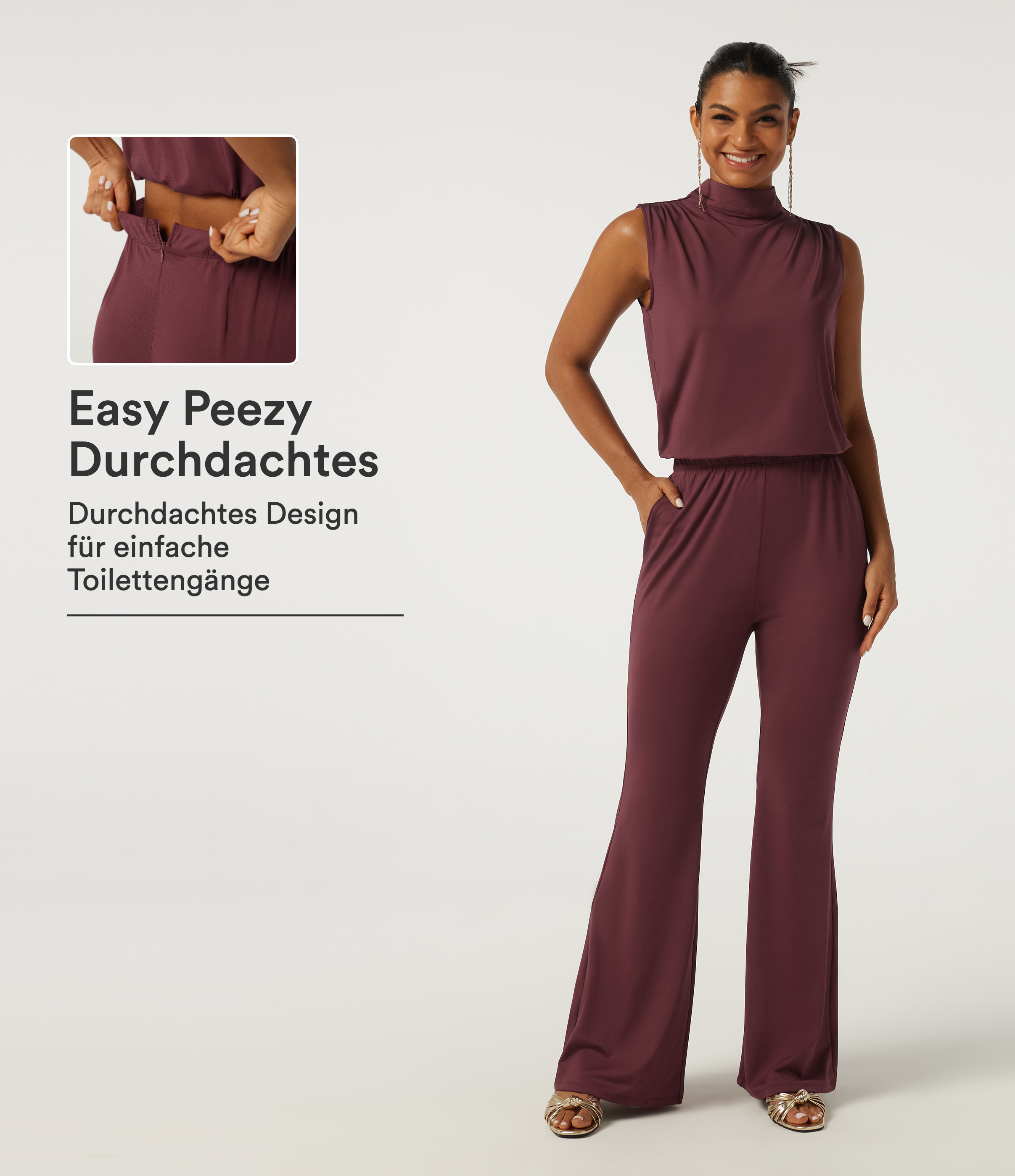 Ärmelloser Party-Jumpsuit mit Stehkragen, Seitentaschen, Schlüssellochausschnitt hinten und ausgestelltem Bein - Easy Peezy Edition